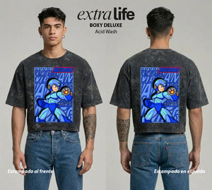 Playera streetwear premium de anime y gaming ExtraLife MX, corte boxy deluxe mineral wash heavyweight en color Acid Wash, moda urbana mexicana de culto.