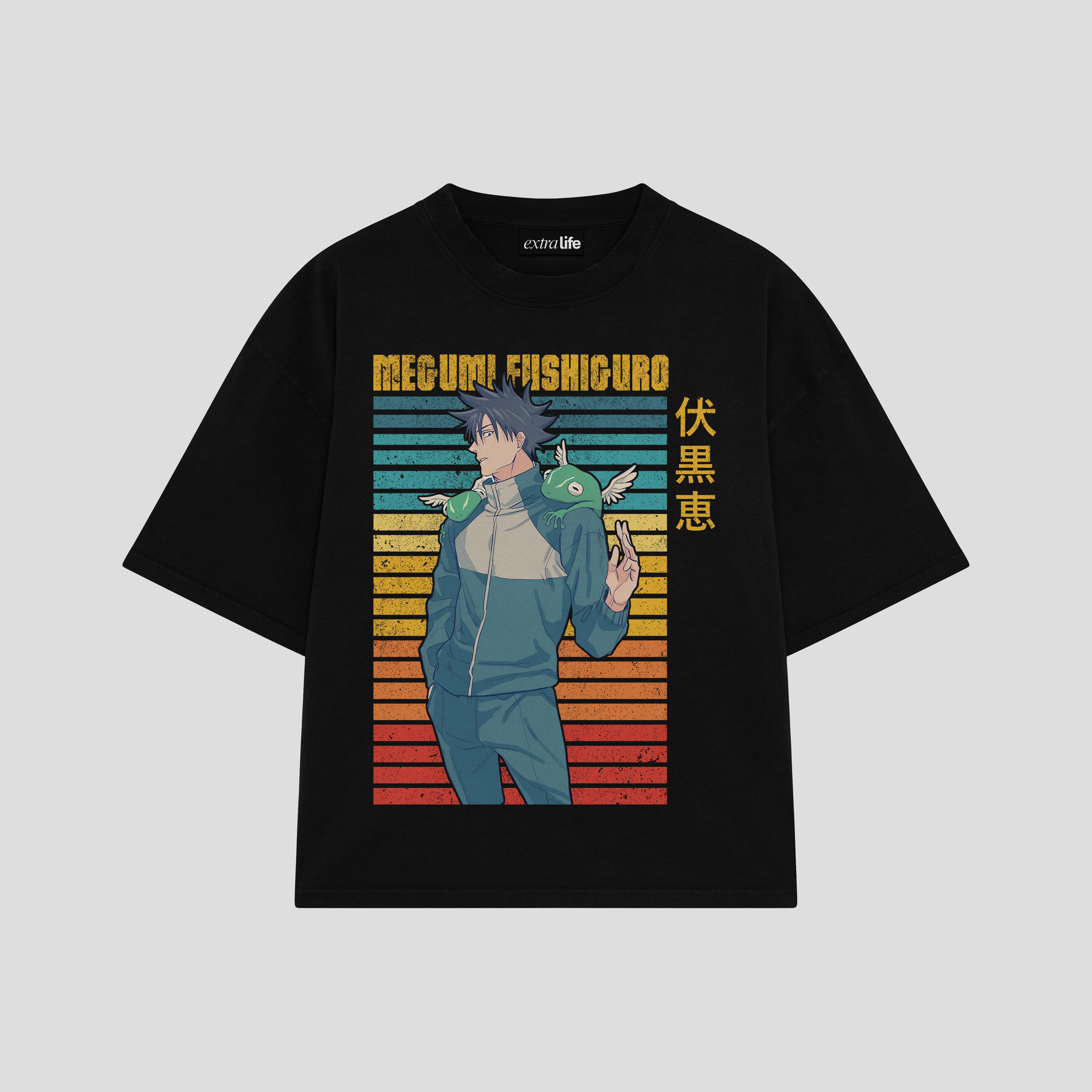 Playera streetwear premium de anime y gaming ExtraLife MX, corte boxy oversized drop shoulder heavyweight en color Deep Black y Off-White, moda urbana mexicana de culto.