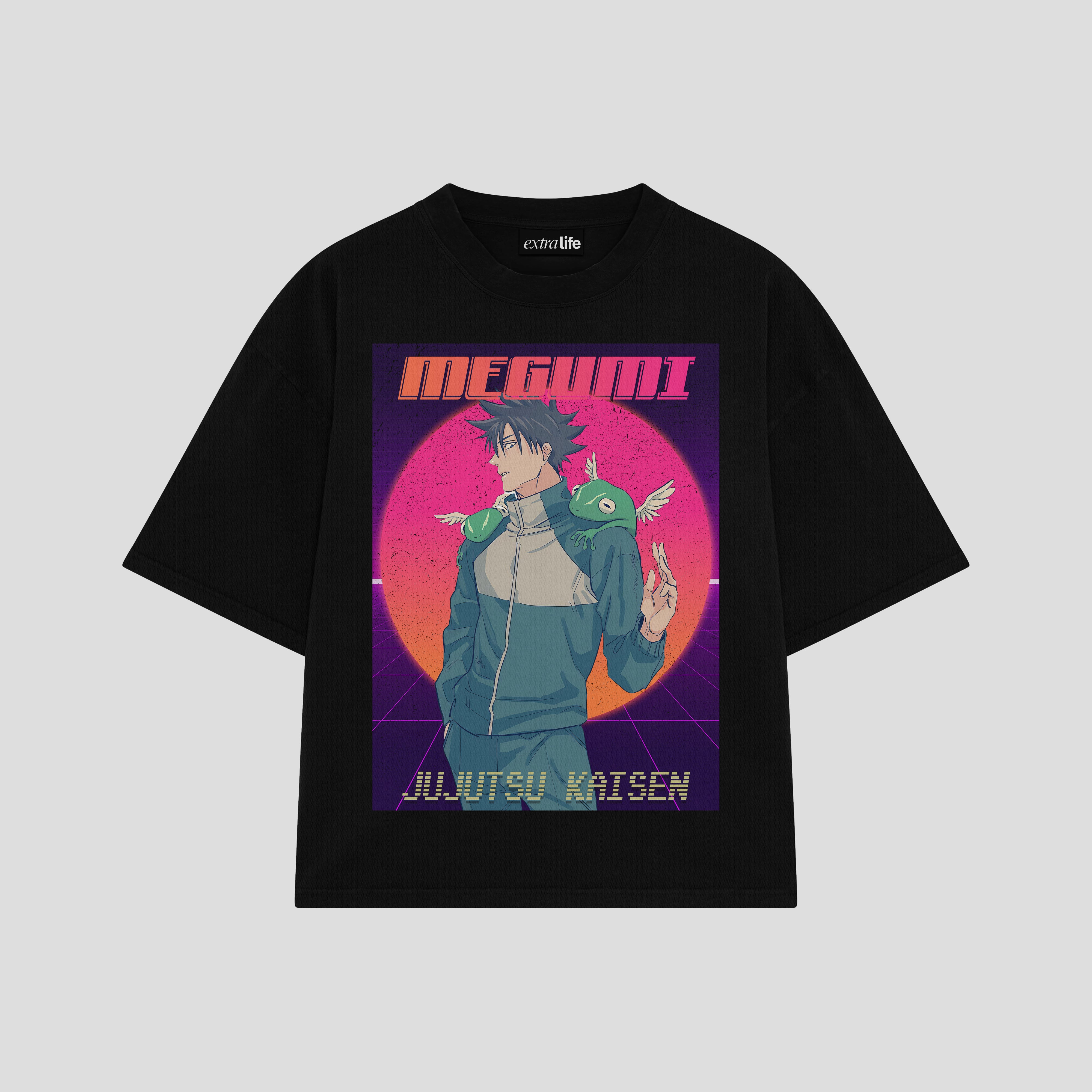 Playera streetwear premium de anime y gaming ExtraLife MX, corte boxy oversized drop shoulder heavyweight en color Deep Black y Off-White, moda urbana mexicana de culto.