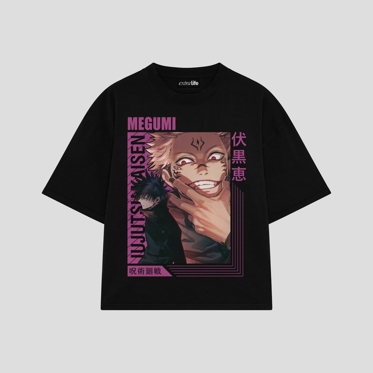 Playera streetwear premium de anime y gaming ExtraLife MX, corte oversized drop shoulder ligero y fresco en color Deep Black y Off-White, moda urbana mexicana de culto.