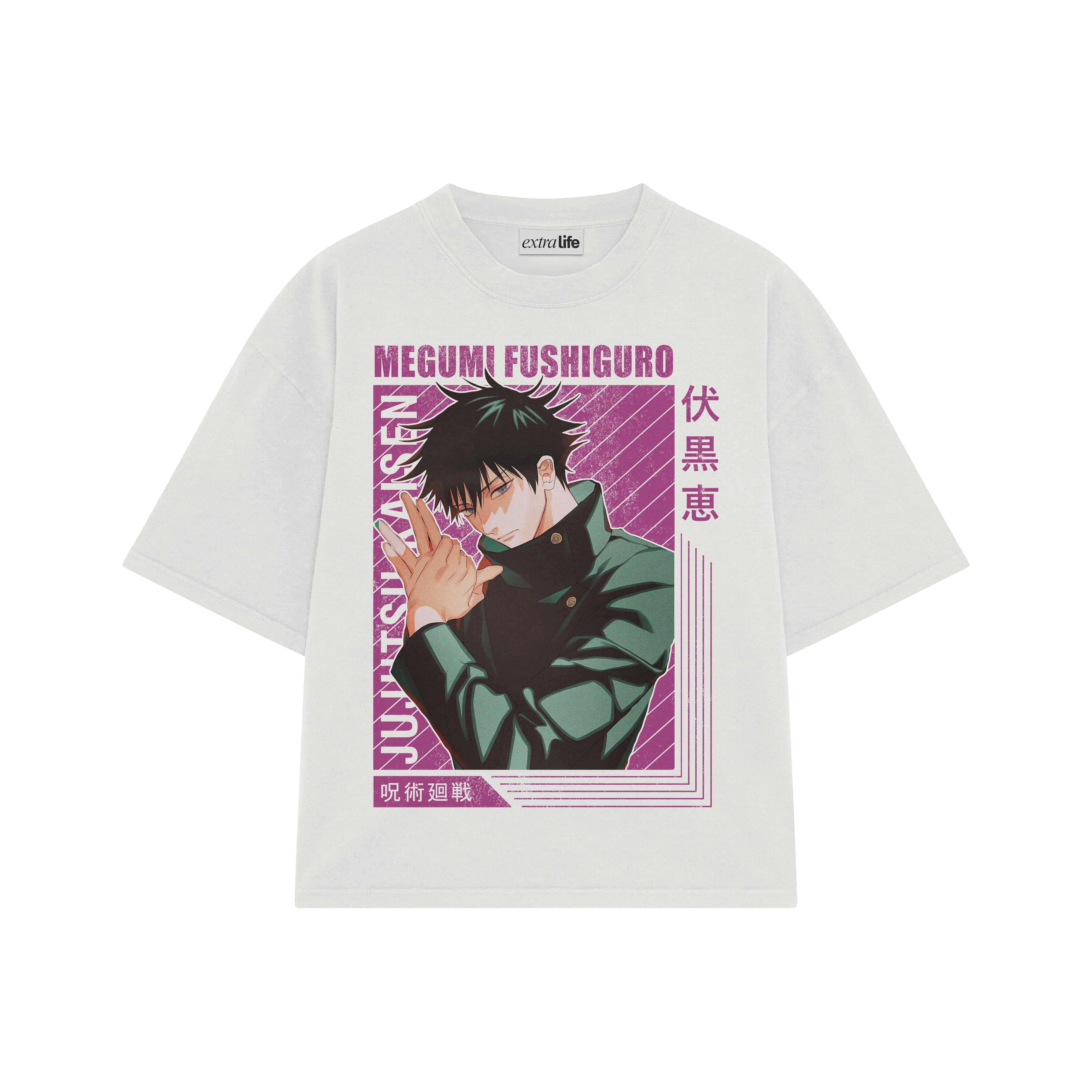 Playera streetwear premium de anime y gaming ExtraLife MX, corte boxy oversized drop shoulder heavyweight en color Deep Black y Off-White, moda urbana mexicana de culto.