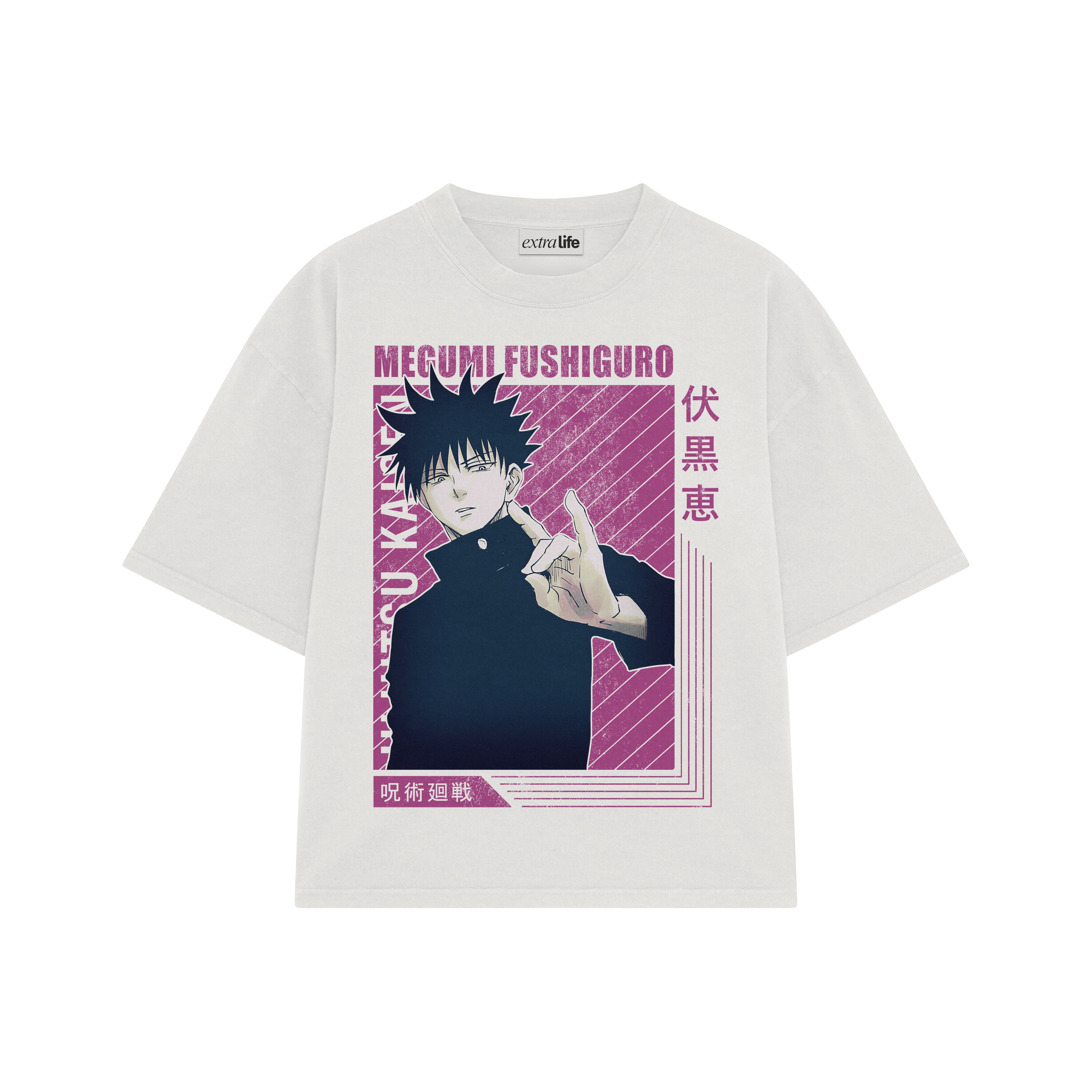 Playera streetwear premium de anime y gaming ExtraLife MX, corte boxy oversized drop shoulder heavyweight en color Deep Black y Off-White, moda urbana mexicana de culto.