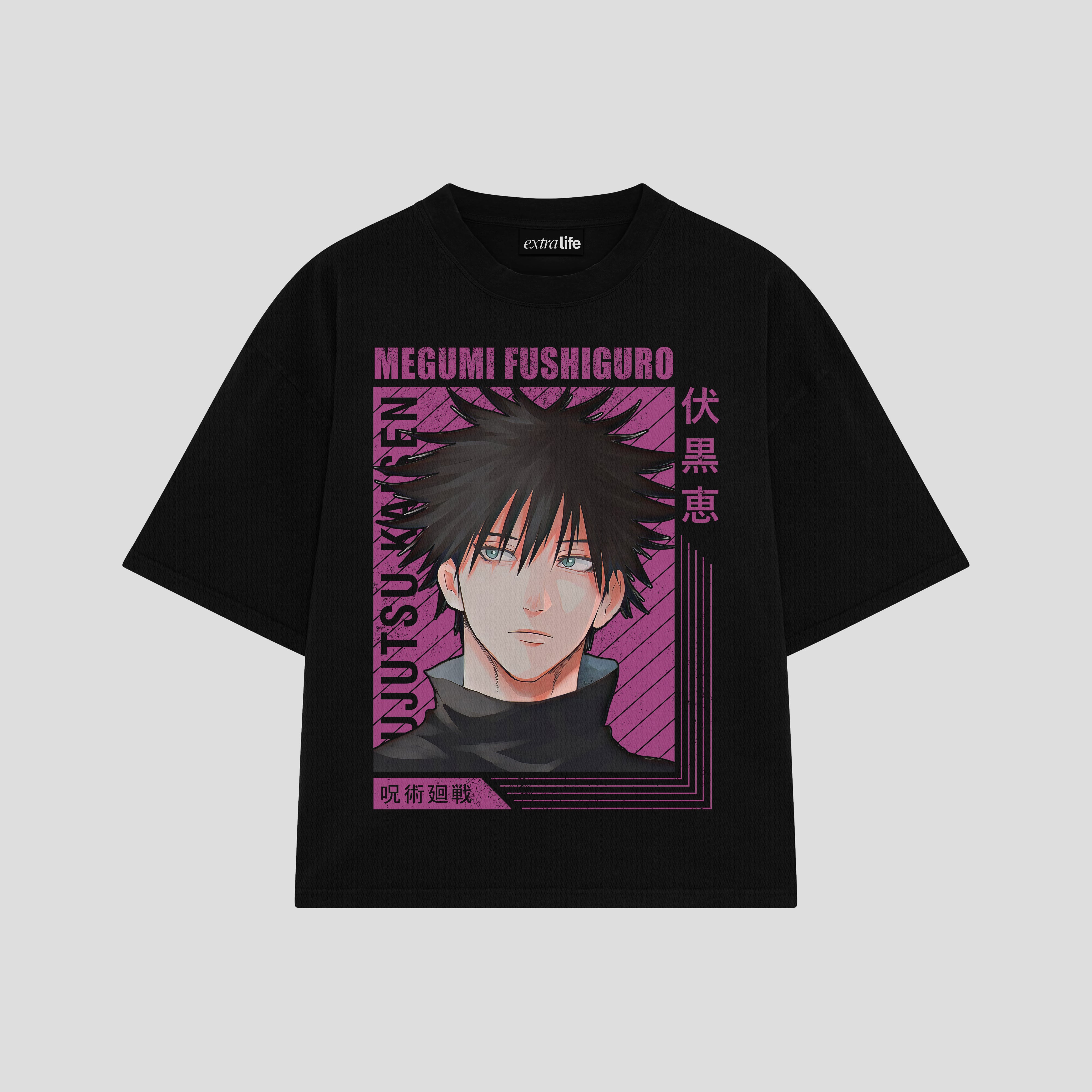 Playera streetwear premium de anime y gaming ExtraLife MX, corte boxy oversized drop shoulder heavyweight en color Deep Black y Off-White, moda urbana mexicana de culto.
