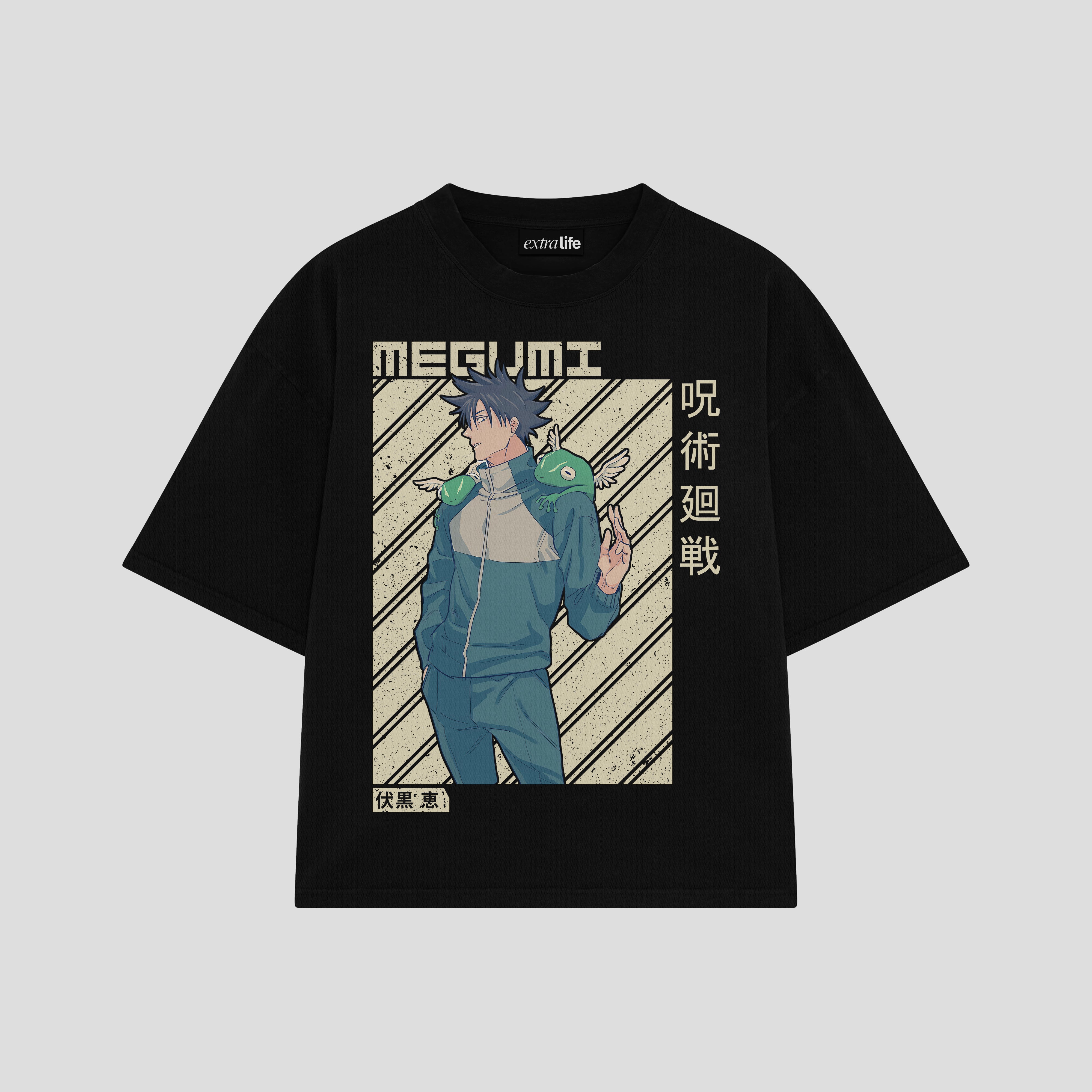 Playera streetwear premium de anime y gaming ExtraLife MX, corte boxy oversized drop shoulder heavyweight en color Deep Black y Off-White, moda urbana mexicana de culto.