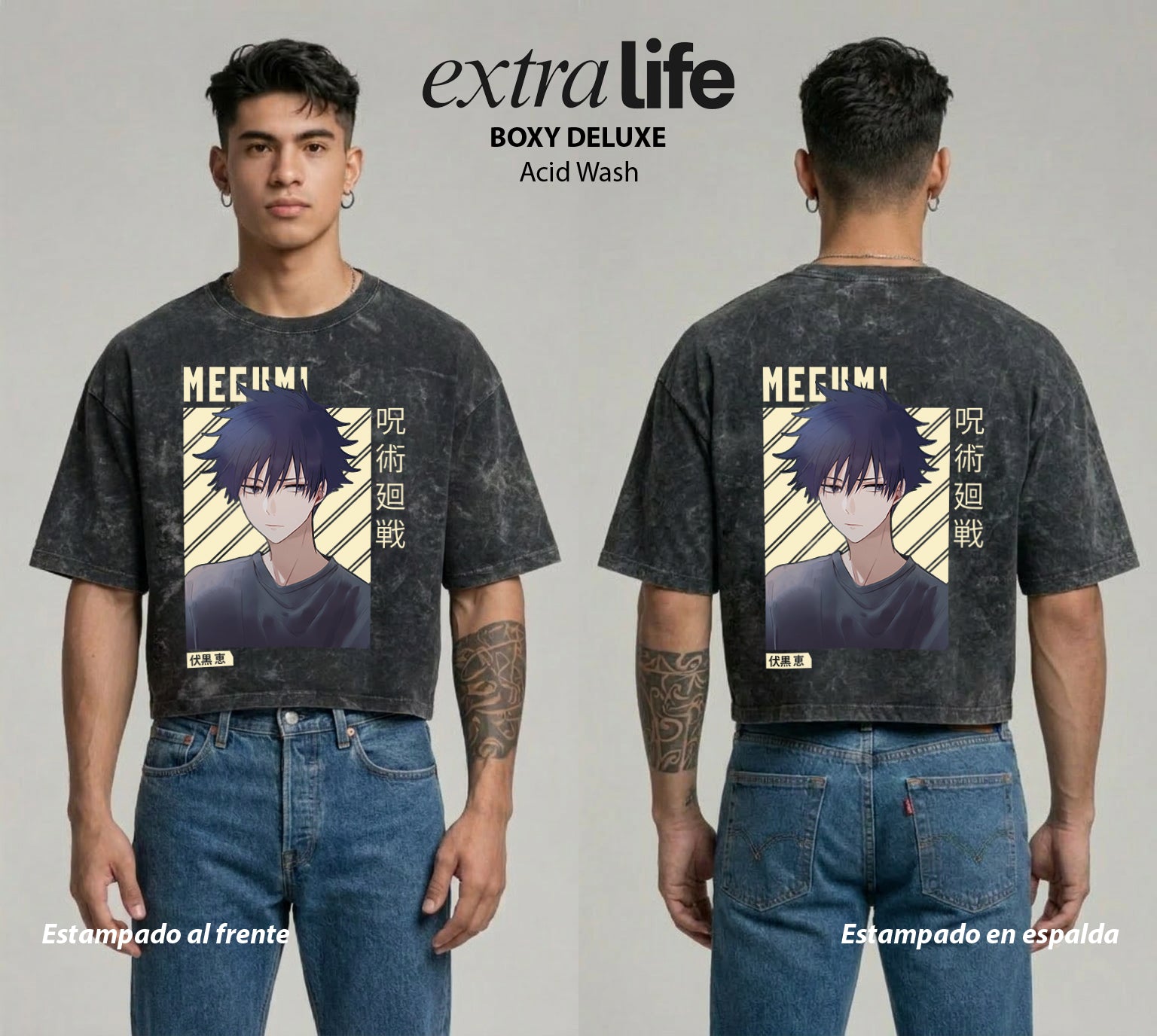 Playera streetwear premium de anime y gaming ExtraLife MX, corte boxy deluxe mineral wash heavyweight en color Acid Wash, moda urbana mexicana de culto.