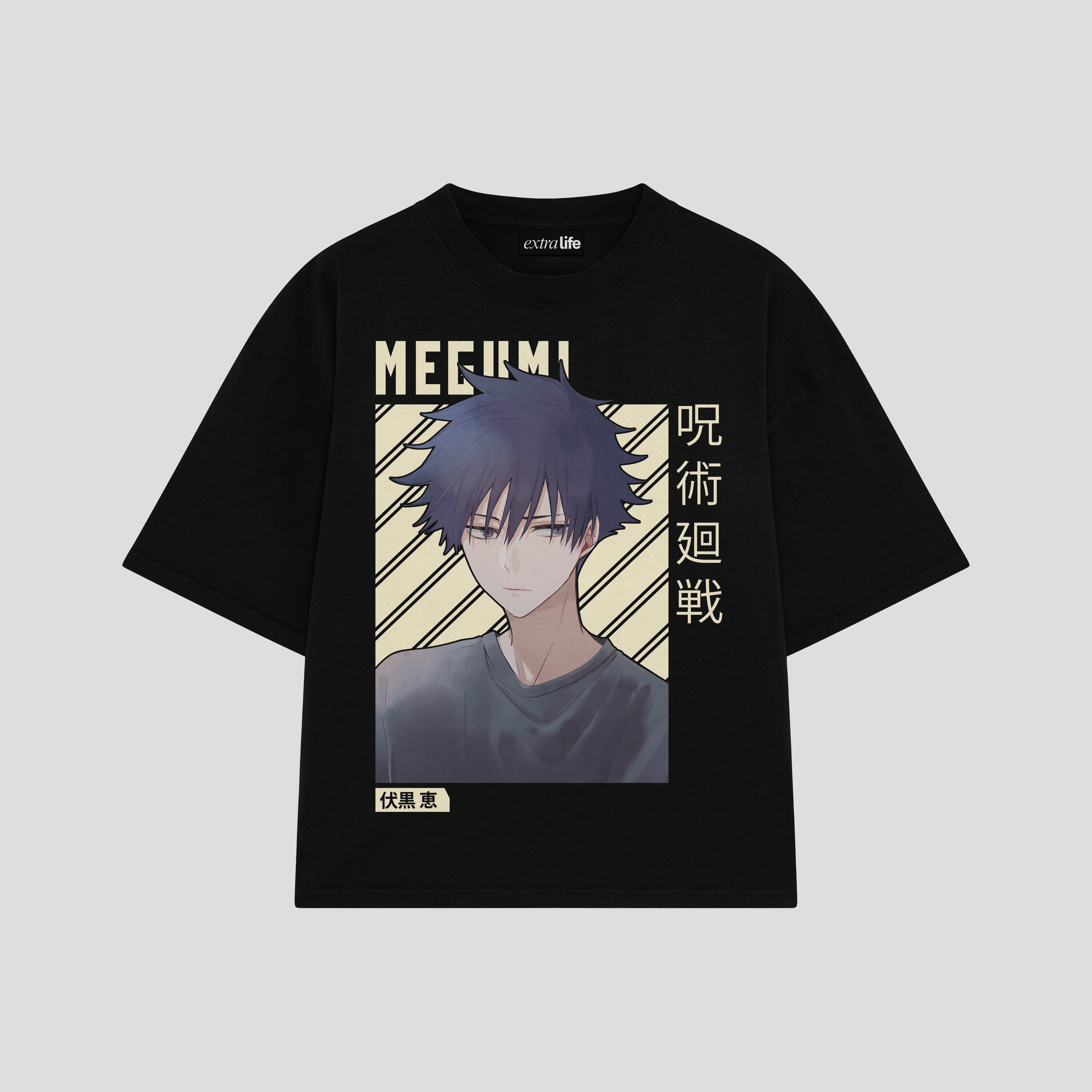 Playera streetwear premium de anime y gaming ExtraLife MX, corte boxy oversized drop shoulder heavyweight en color Deep Black y Off-White, moda urbana mexicana de culto.