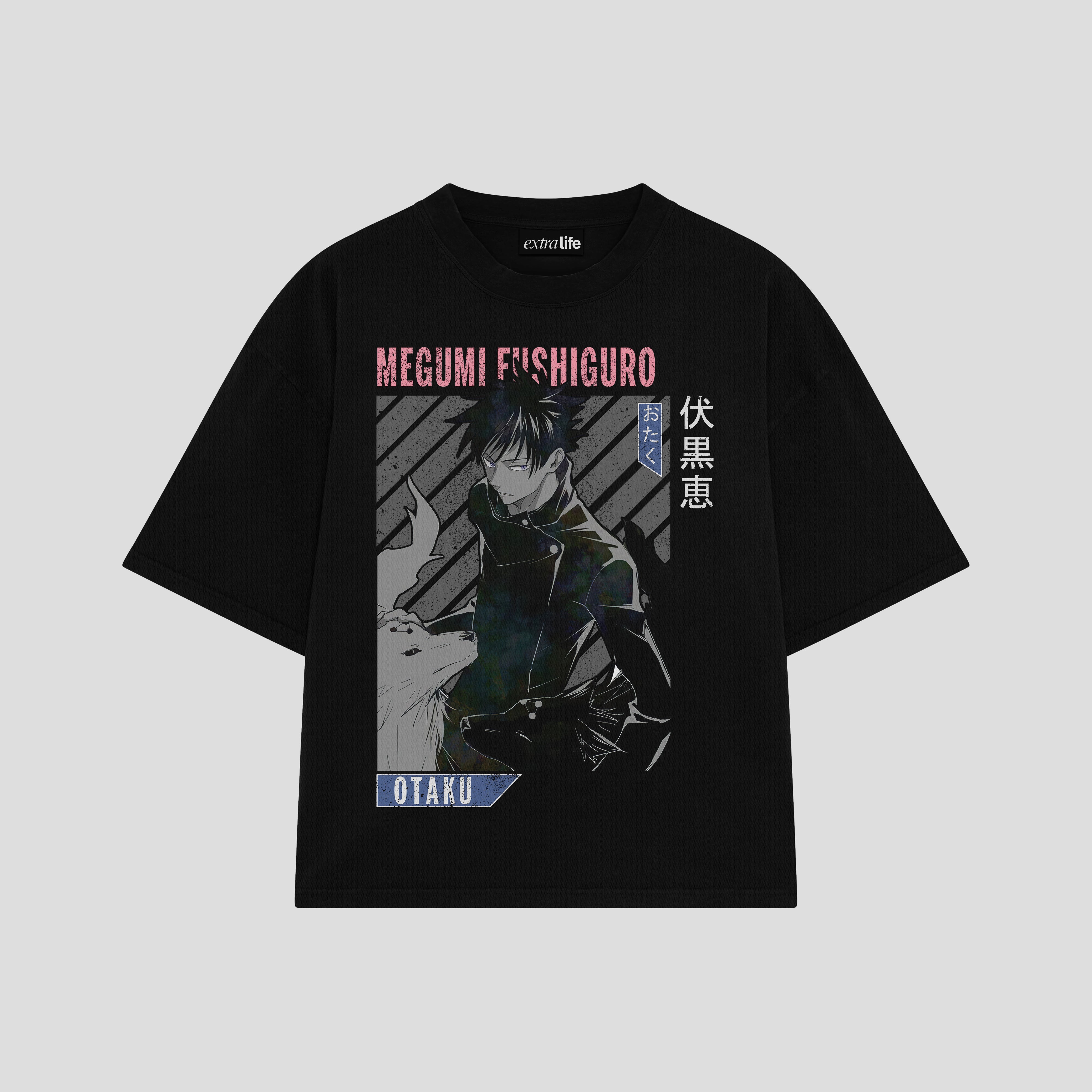 Playera streetwear premium de anime y gaming ExtraLife MX, corte boxy oversized drop shoulder heavyweight en color Deep Black y Off-White, moda urbana mexicana de culto.