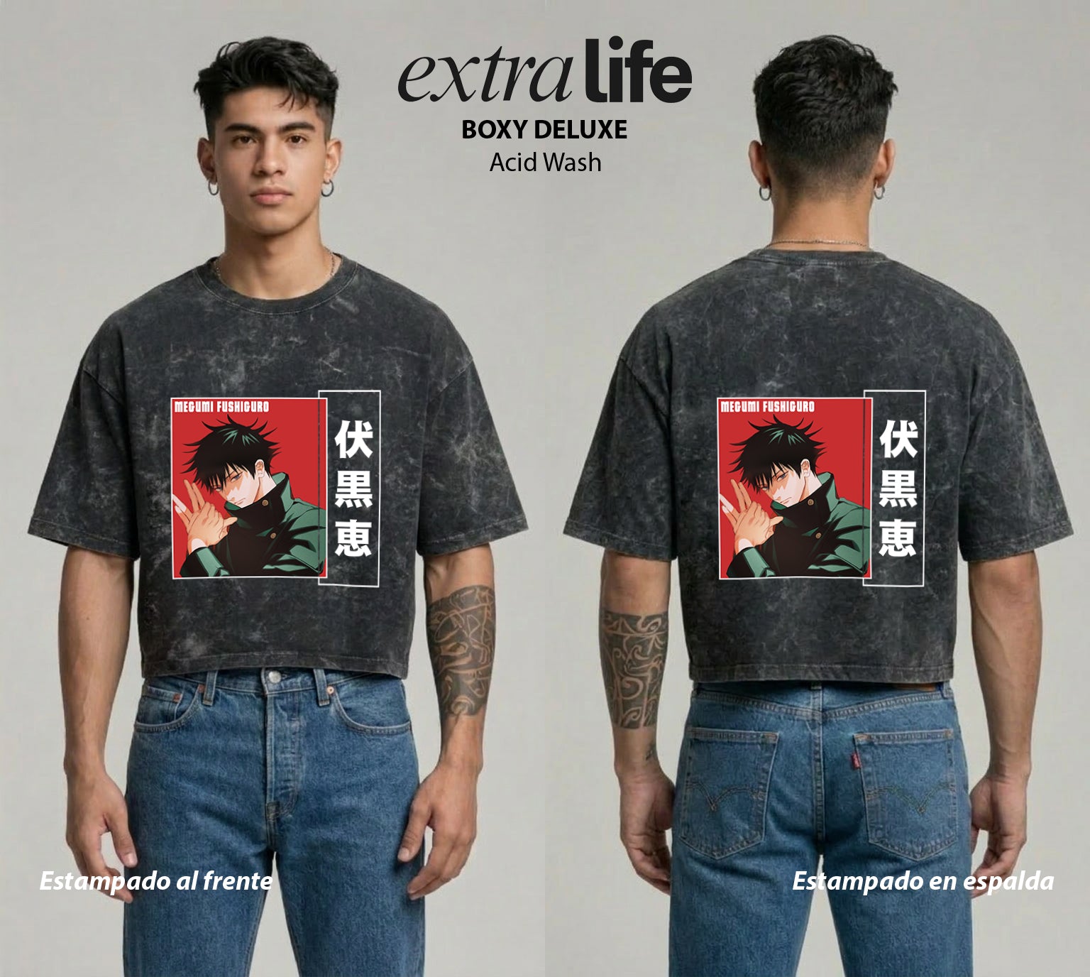 Playera streetwear premium de anime y gaming ExtraLife MX, corte boxy deluxe mineral wash heavyweight en color Acid Wash, moda urbana mexicana de culto.