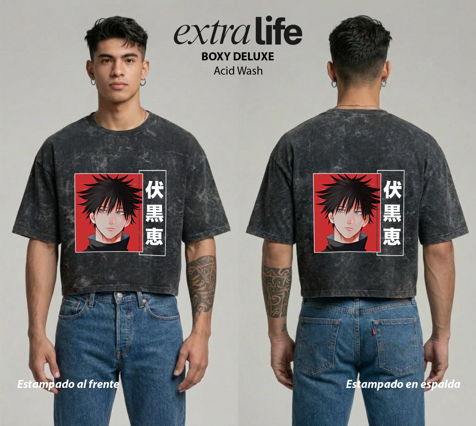 Playera streetwear premium de anime y gaming ExtraLife MX, corte boxy deluxe mineral wash heavyweight en color Acid Wash, moda urbana mexicana de culto.