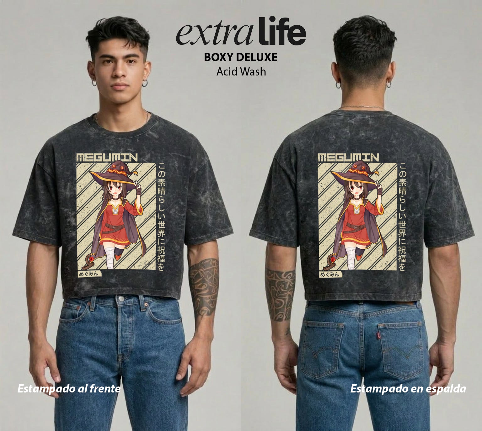 Playera streetwear premium de anime y gaming ExtraLife MX, corte boxy deluxe mineral wash heavyweight en color Acid Wash, moda urbana mexicana de culto.