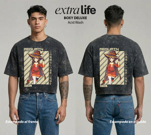 Playera streetwear premium de anime y gaming ExtraLife MX, corte boxy deluxe mineral wash heavyweight en color Acid Wash, moda urbana mexicana de culto.