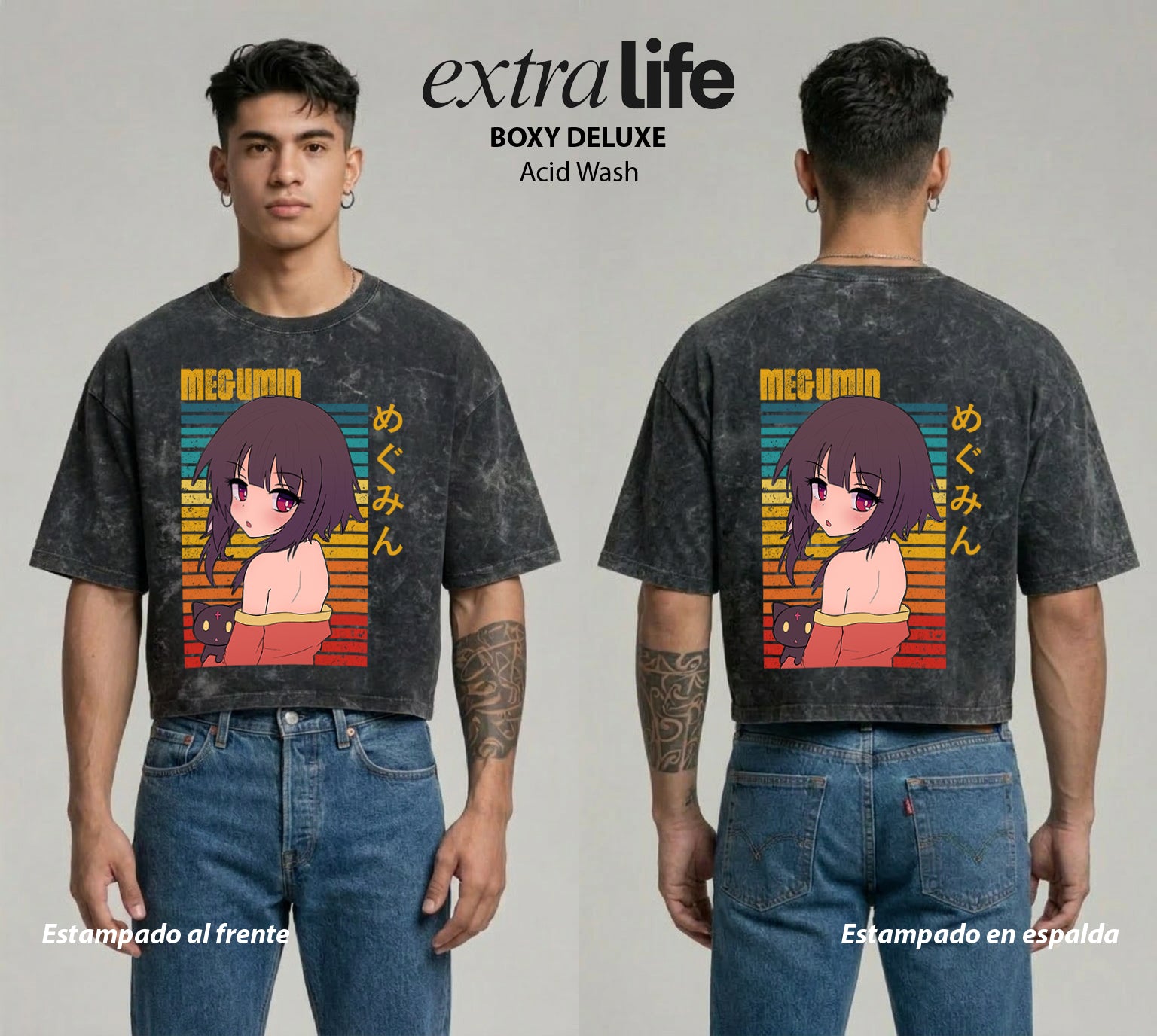Playera streetwear premium de anime y gaming ExtraLife MX, corte boxy deluxe mineral wash heavyweight en color Acid Wash, moda urbana mexicana de culto.