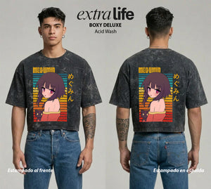 Playera streetwear premium de anime y gaming ExtraLife MX, corte boxy deluxe mineral wash heavyweight en color Acid Wash, moda urbana mexicana de culto.