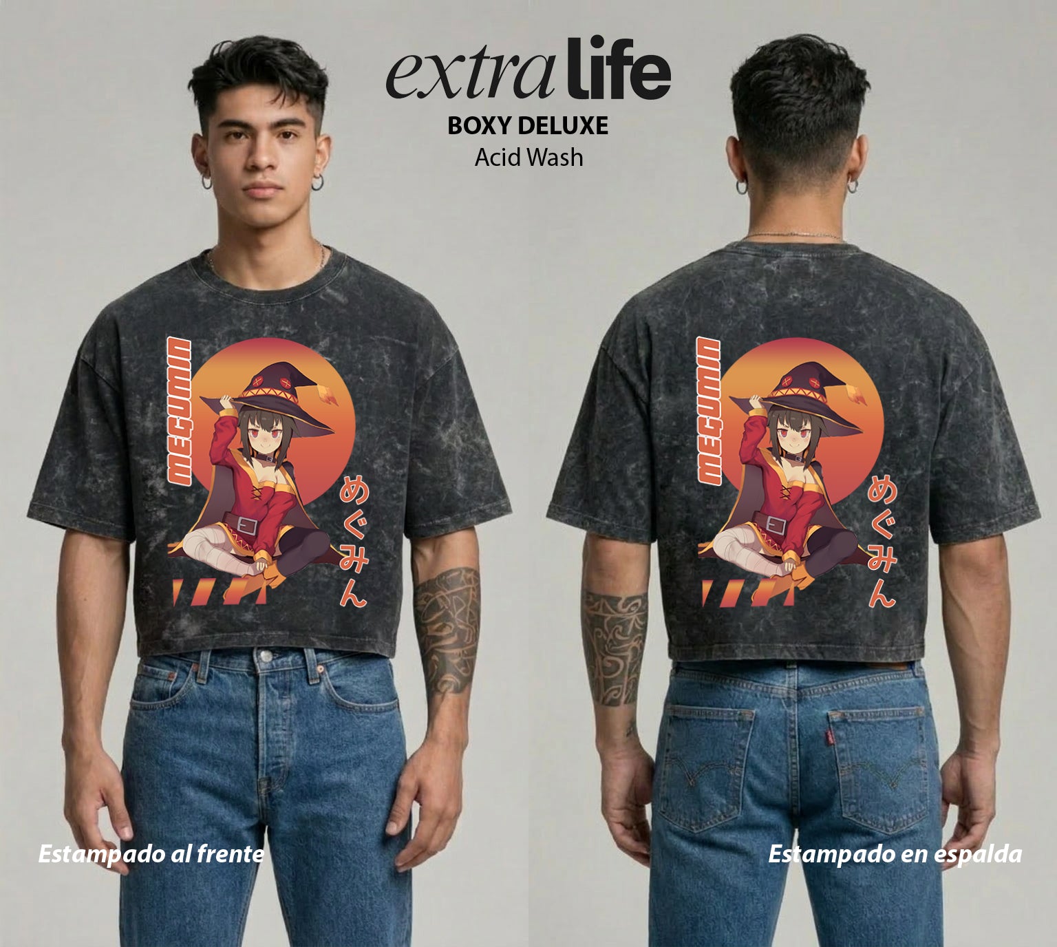 Playera streetwear premium de anime y gaming ExtraLife MX, corte boxy deluxe mineral wash heavyweight en color Acid Wash, moda urbana mexicana de culto.