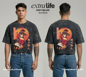 Playera streetwear premium de anime y gaming ExtraLife MX, corte boxy deluxe mineral wash heavyweight en color Acid Wash, moda urbana mexicana de culto.