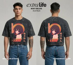 Playera streetwear premium de anime y gaming ExtraLife MX, corte boxy deluxe mineral wash heavyweight en color Acid Wash, moda urbana mexicana de culto.