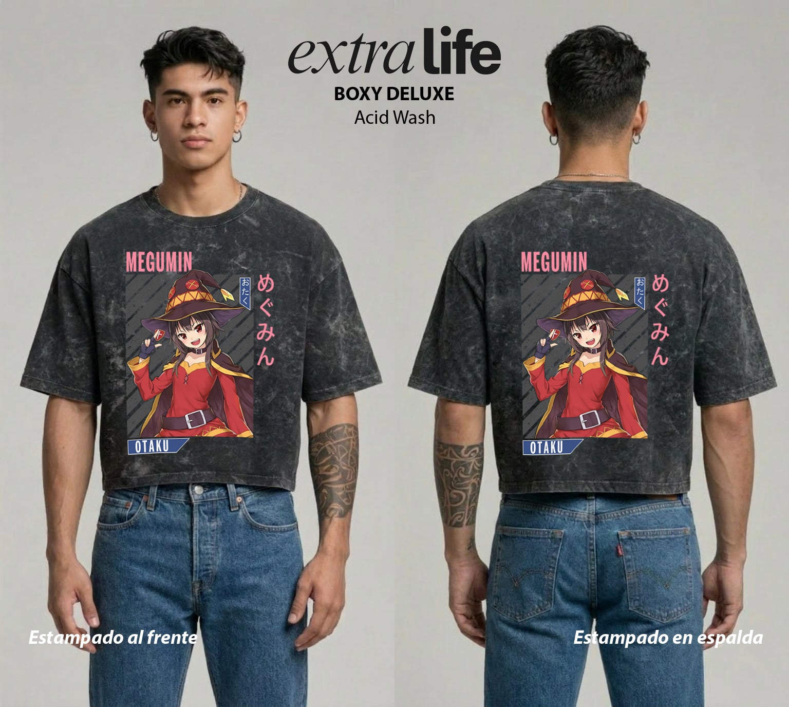 Playera streetwear premium de anime y gaming ExtraLife MX, corte boxy deluxe mineral wash heavyweight en color Acid Wash, moda urbana mexicana de culto.