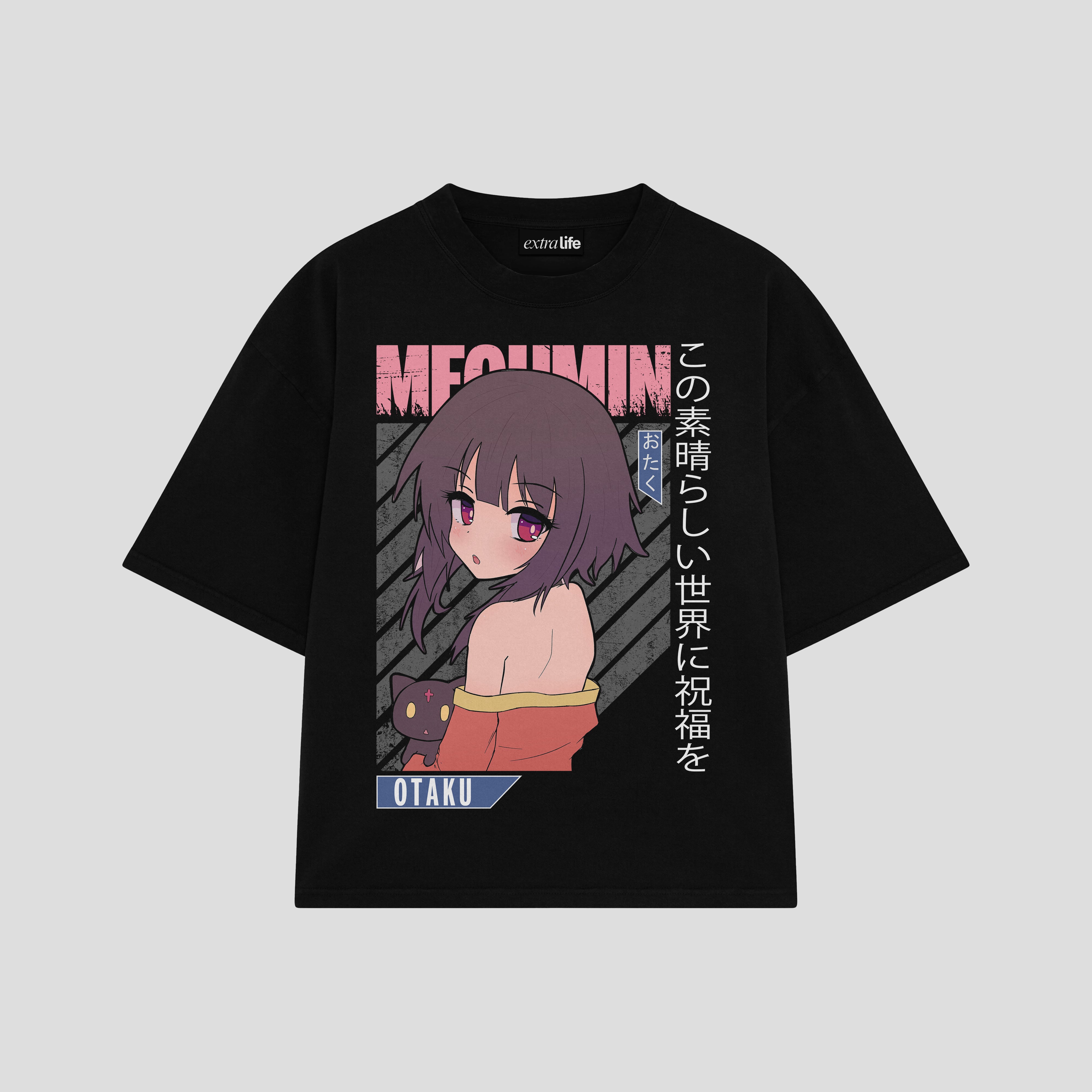 Playera streetwear premium de anime y gaming ExtraLife MX, corte boxy oversized drop shoulder heavyweight en color Deep Black y Off-White, moda urbana mexicana de culto.