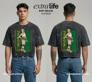 Playera streetwear premium de anime y gaming ExtraLife MX, corte boxy deluxe mineral wash heavyweight en color Acid Wash, moda urbana mexicana de culto.