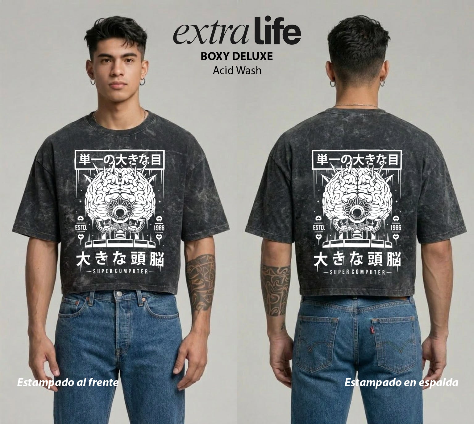 Playera streetwear premium de anime y gaming ExtraLife MX, corte boxy deluxe mineral wash heavyweight en color Acid Wash, moda urbana mexicana de culto.
