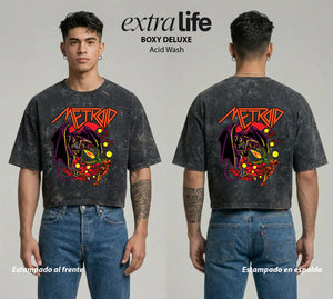 Playera streetwear premium de anime y gaming ExtraLife MX, corte boxy deluxe mineral wash heavyweight en color Acid Wash, moda urbana mexicana de culto.