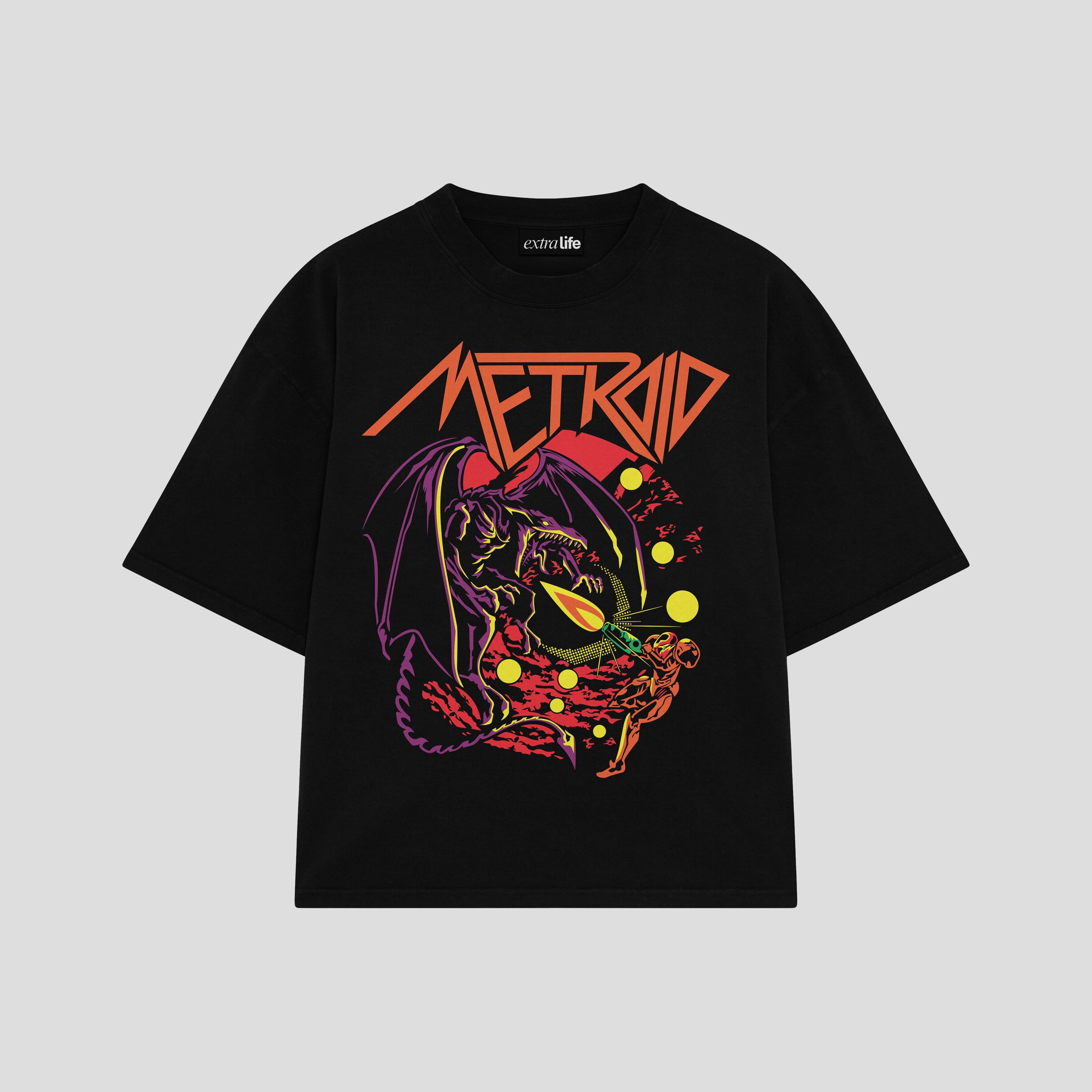 Playera streetwear premium de anime y gaming ExtraLife MX, corte boxy oversized drop shoulder heavyweight en color Deep Black y Off-White, moda urbana mexicana de culto.