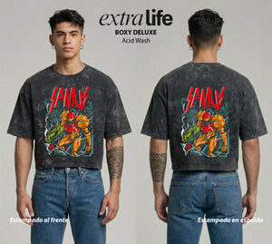 Playera streetwear premium de anime y gaming ExtraLife MX, corte boxy deluxe mineral wash heavyweight en color Acid Wash, moda urbana mexicana de culto.
