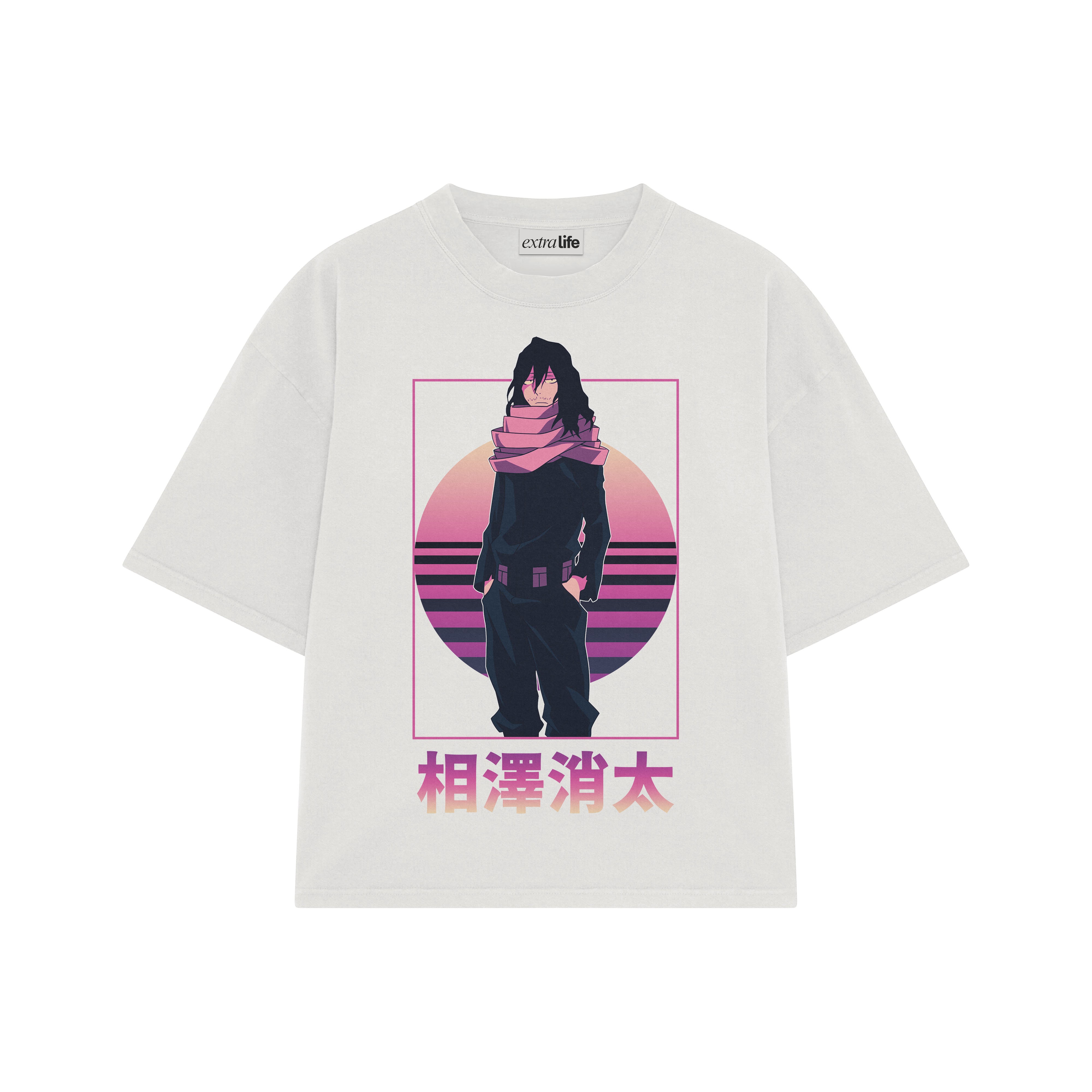 Playera streetwear premium de anime y gaming ExtraLife MX, corte boxy oversized drop shoulder heavyweight en color Deep Black y Off-White, moda urbana mexicana de culto.