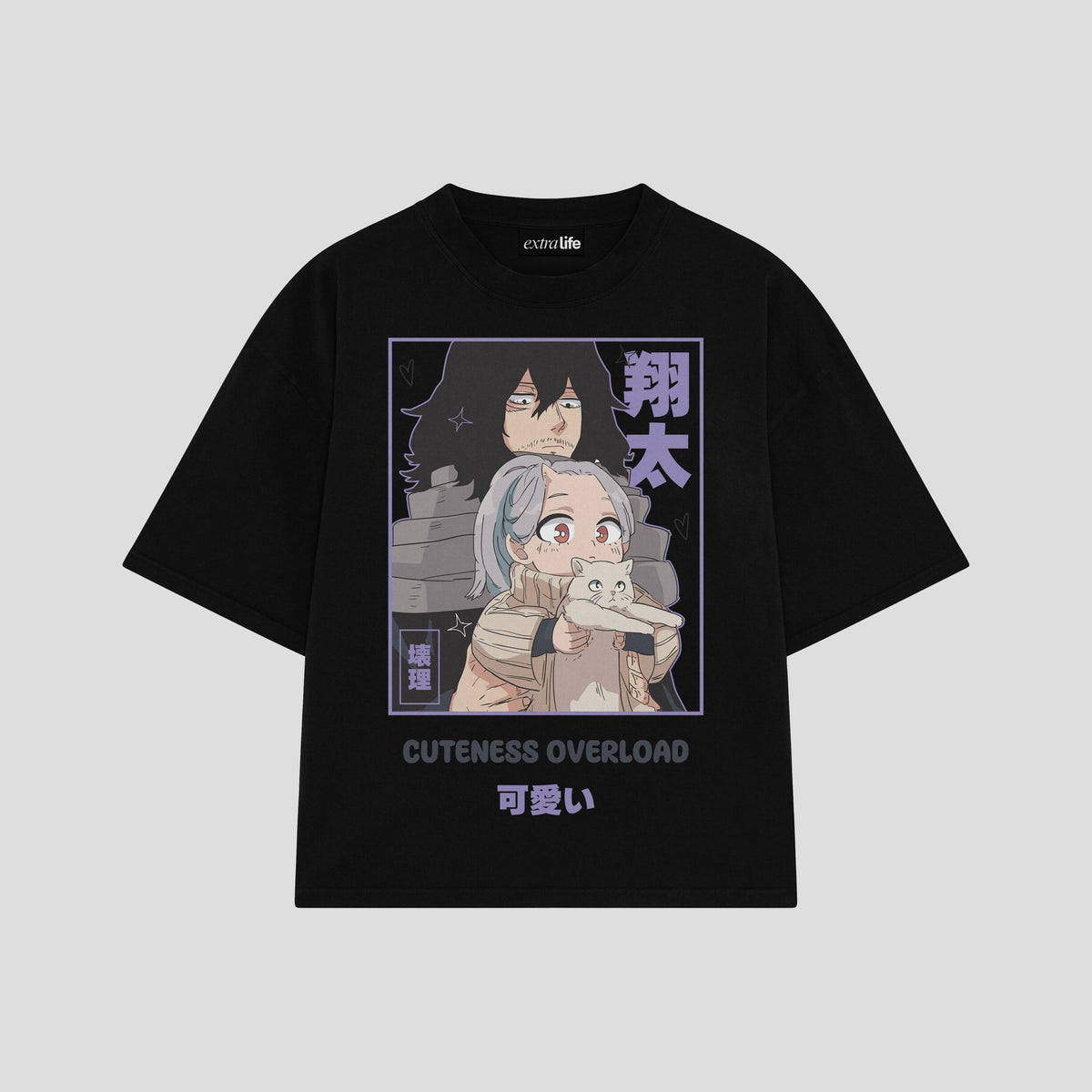 Playera streetwear premium de anime y gaming ExtraLife MX, corte oversized drop shoulder ligero y fresco en color Deep Black y Off-White, moda urbana mexicana de culto.