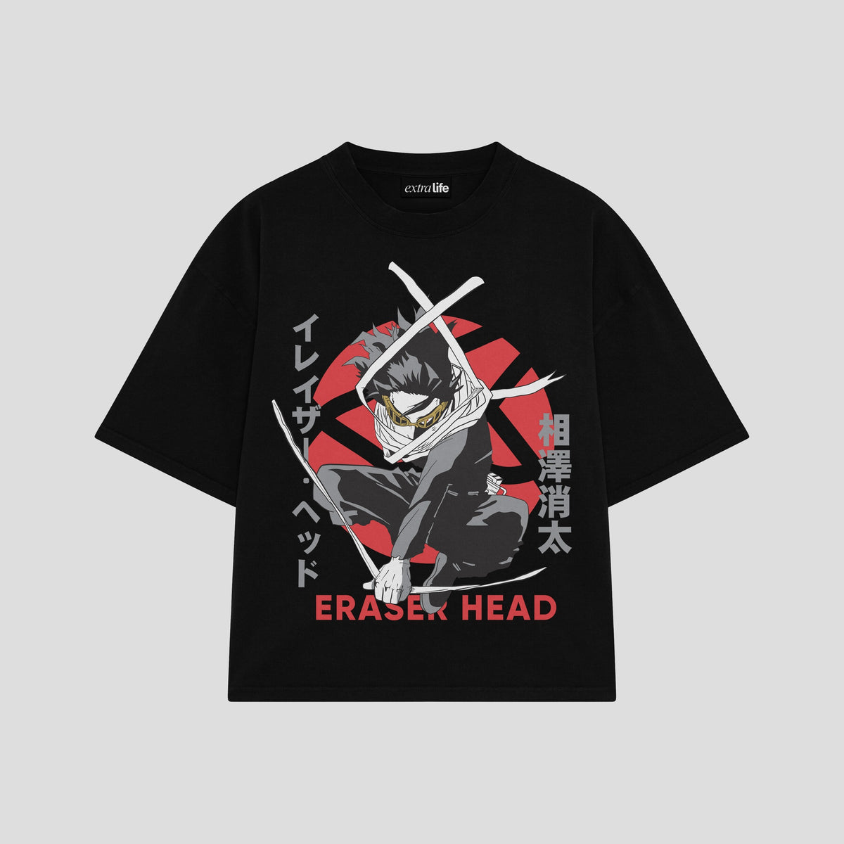 Playera streetwear premium de anime y gaming ExtraLife MX, corte oversized drop shoulder ligero y fresco en color Deep Black y Off-White, moda urbana mexicana de culto.