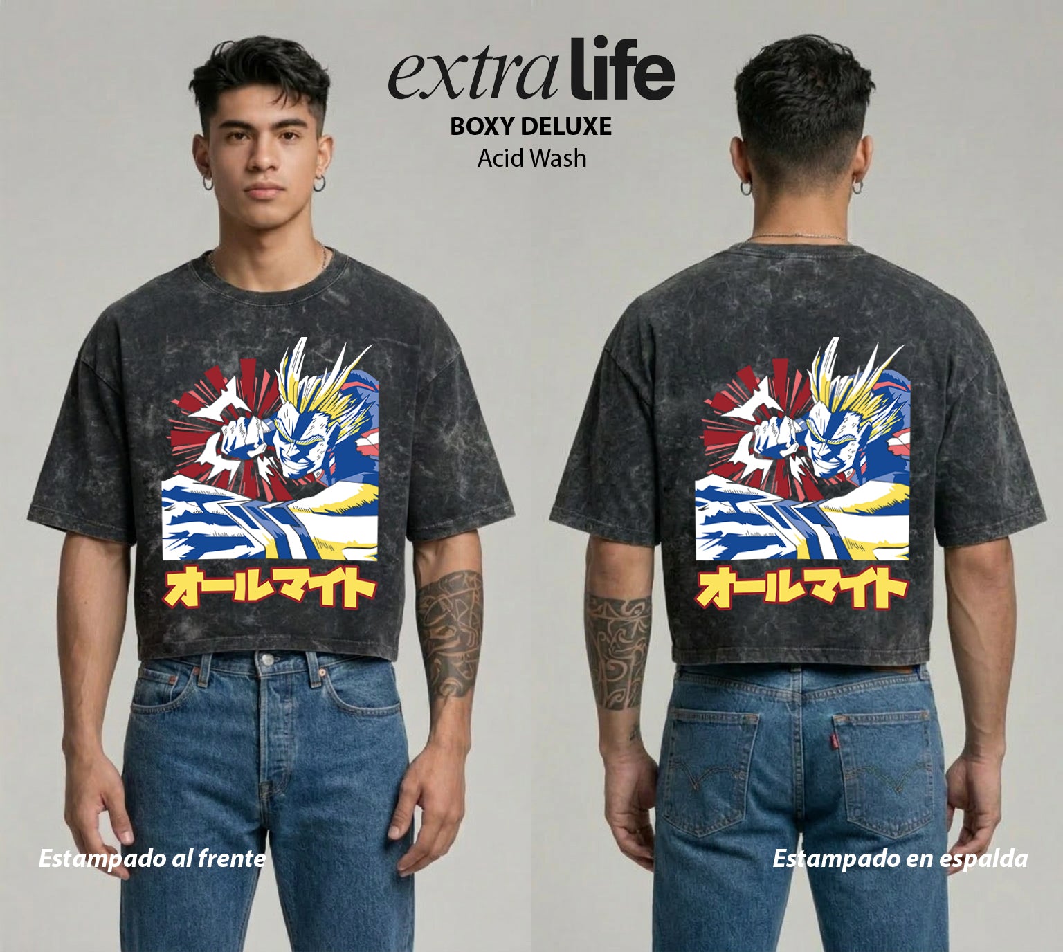 Playera streetwear premium de anime y gaming ExtraLife MX, corte boxy deluxe mineral wash heavyweight en color Acid Wash, moda urbana mexicana de culto.