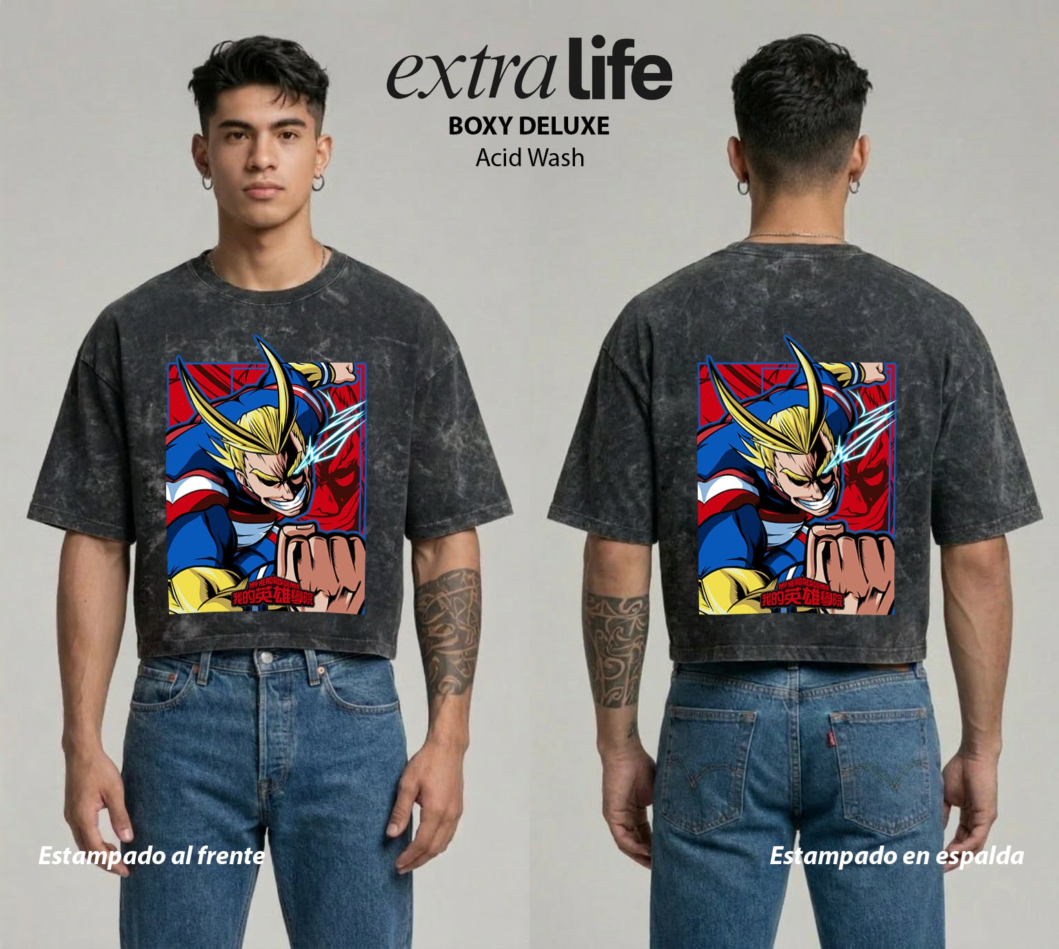 Playera streetwear premium de anime y gaming ExtraLife MX, corte boxy deluxe mineral wash heavyweight en color Acid Wash, moda urbana mexicana de culto.