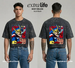Playera streetwear premium de anime y gaming ExtraLife MX, corte boxy deluxe mineral wash heavyweight en color Acid Wash, moda urbana mexicana de culto.