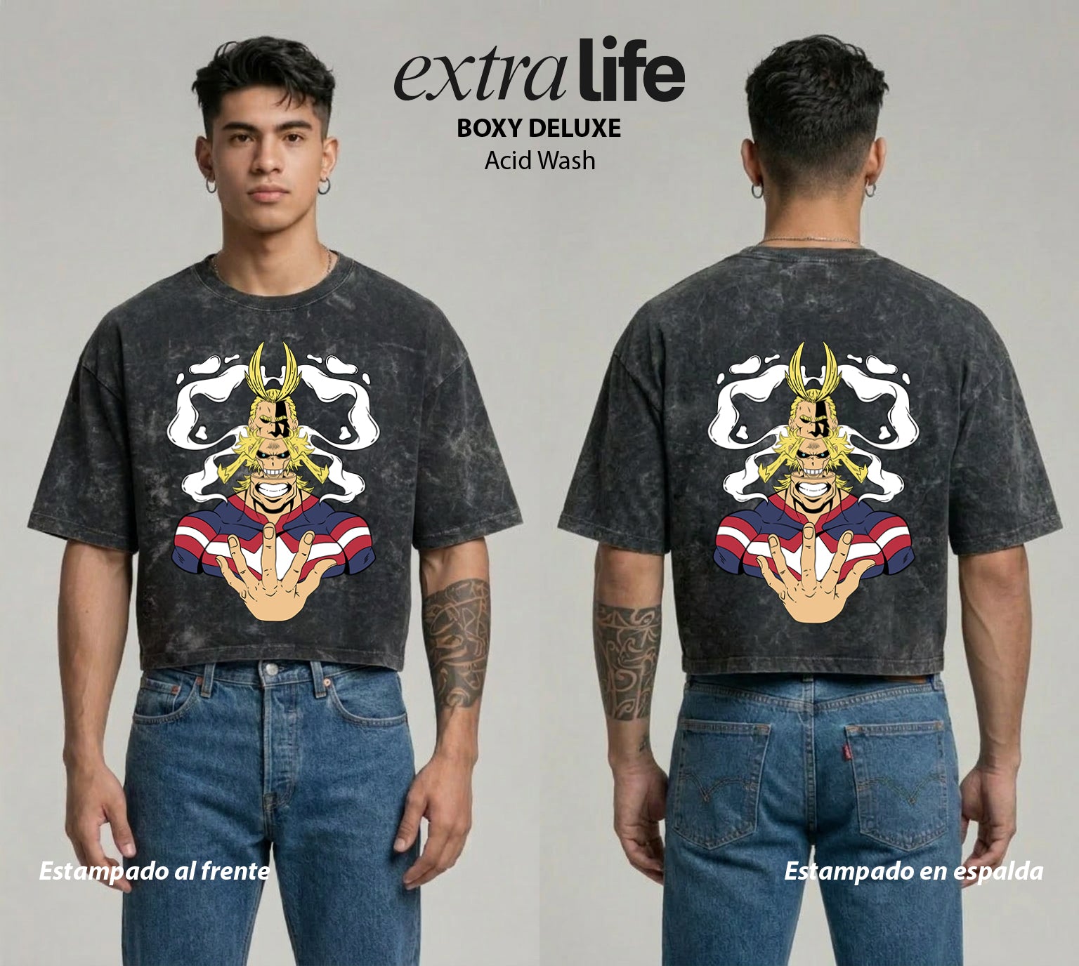 Playera streetwear premium de anime y gaming ExtraLife MX, corte boxy deluxe mineral wash heavyweight en color Acid Wash, moda urbana mexicana de culto.