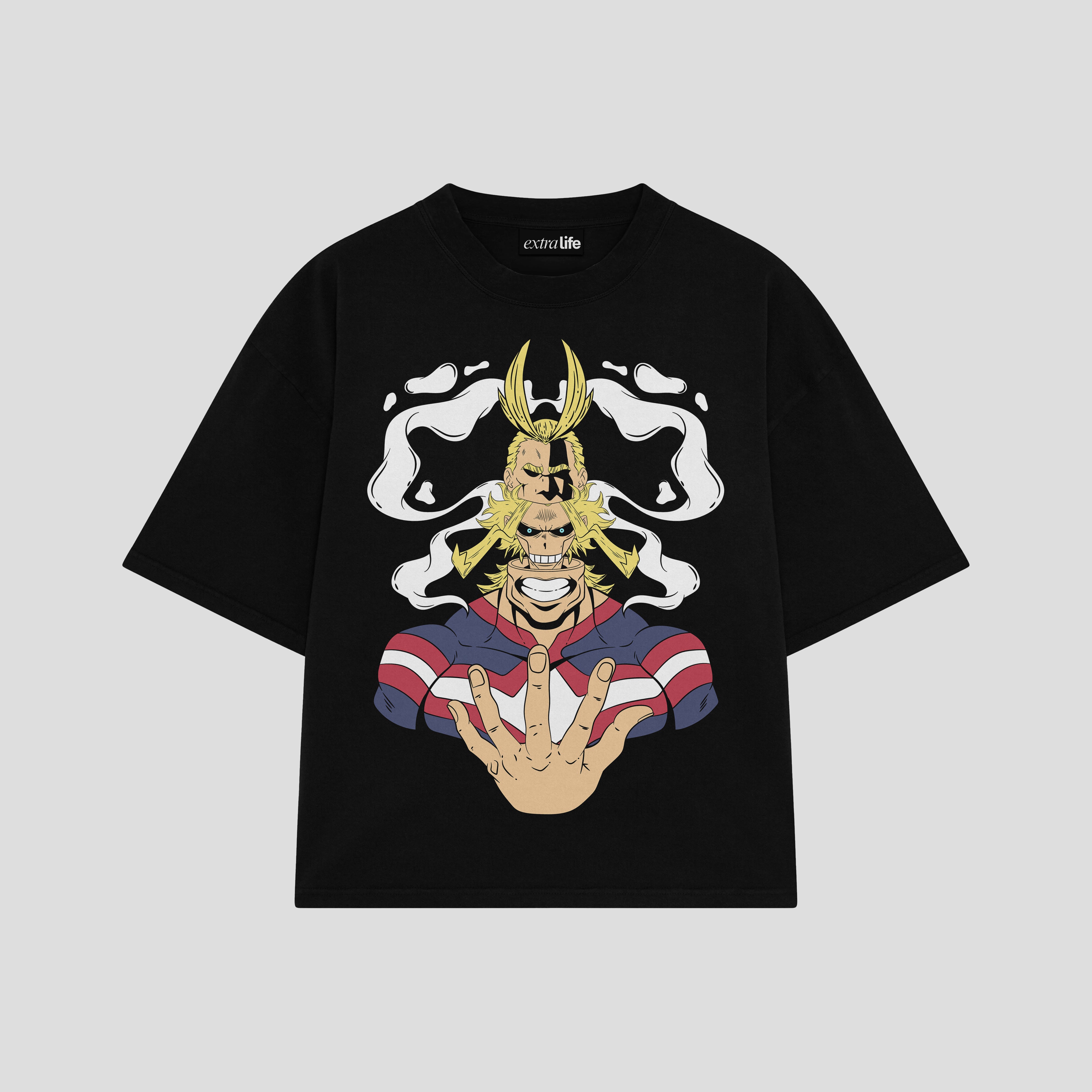 Playera streetwear premium de anime y gaming ExtraLife MX, corte boxy oversized drop shoulder heavyweight en color Deep Black y Off-White, moda urbana mexicana de culto.