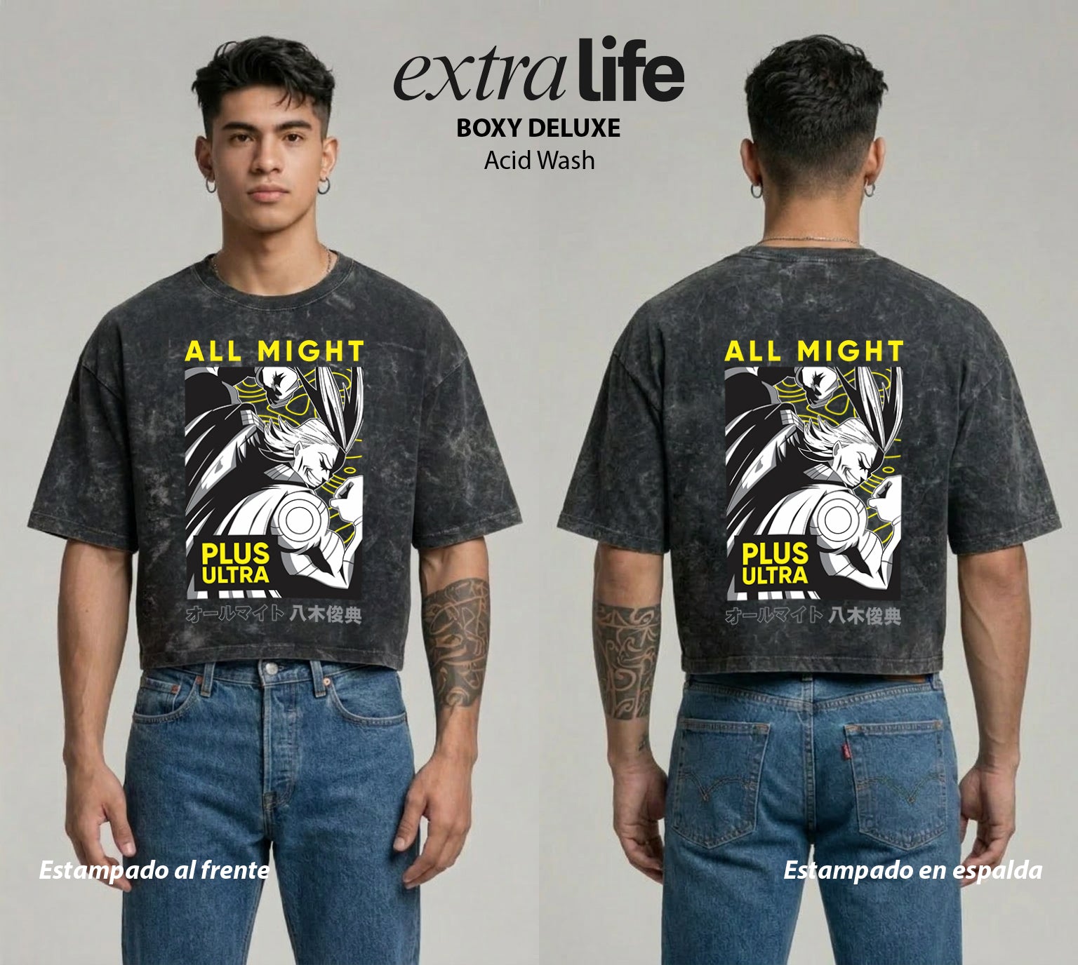 Playera streetwear premium de anime y gaming ExtraLife MX, corte boxy deluxe mineral wash heavyweight en color Acid Wash, moda urbana mexicana de culto.