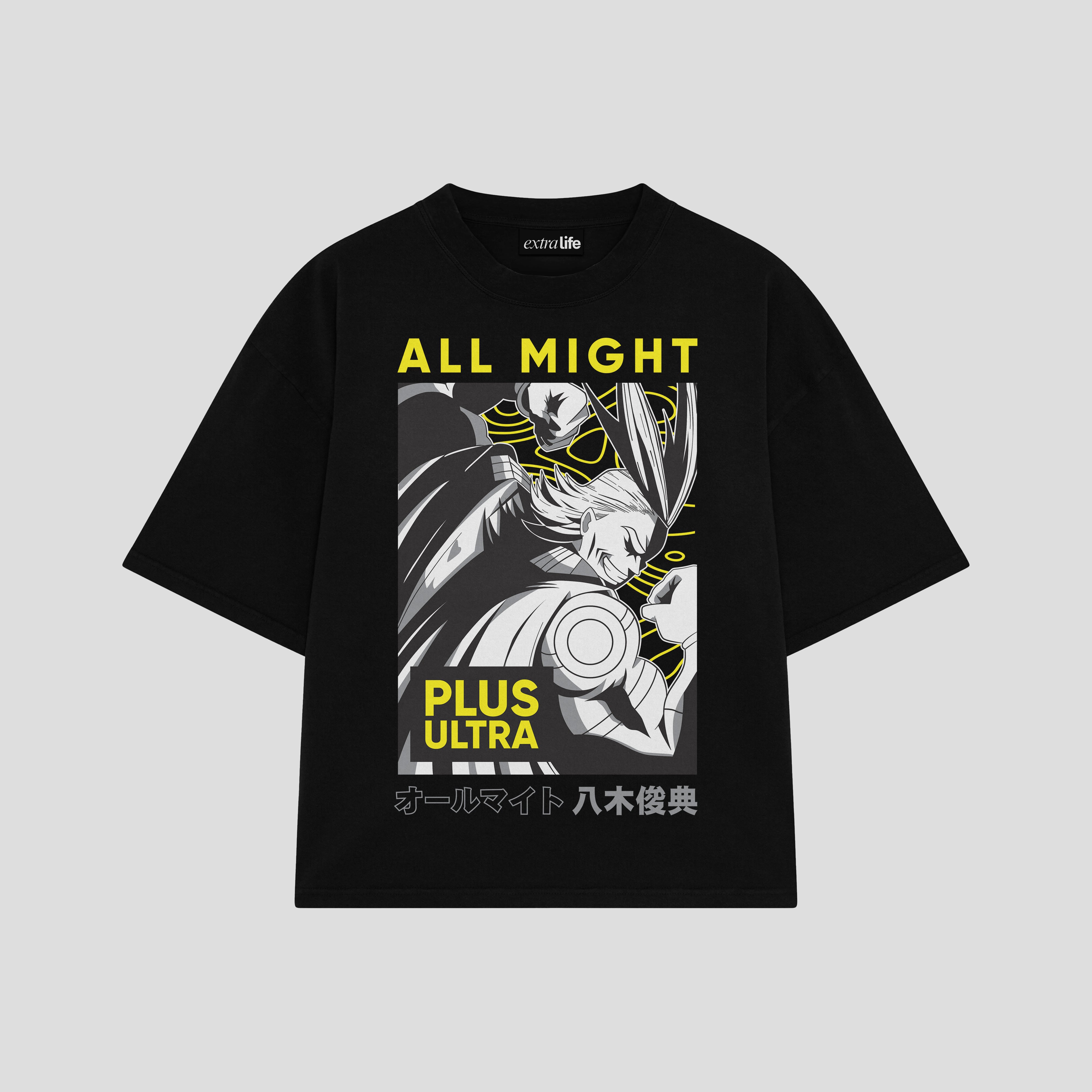 Playera streetwear premium de anime y gaming ExtraLife MX, corte boxy oversized drop shoulder heavyweight en color Deep Black y Off-White, moda urbana mexicana de culto.