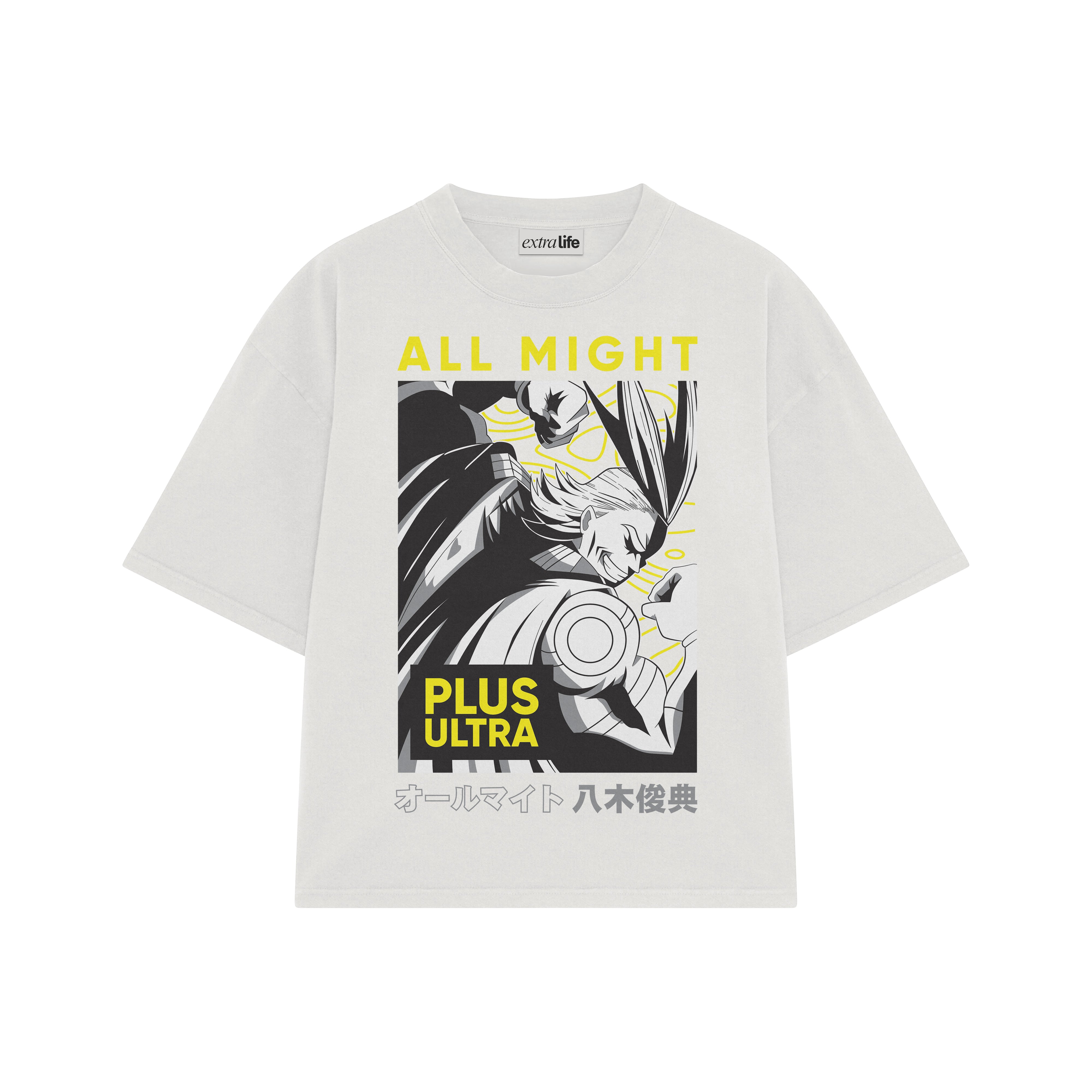 Playera streetwear premium de anime y gaming ExtraLife MX, corte boxy oversized drop shoulder heavyweight en color Deep Black y Off-White, moda urbana mexicana de culto.