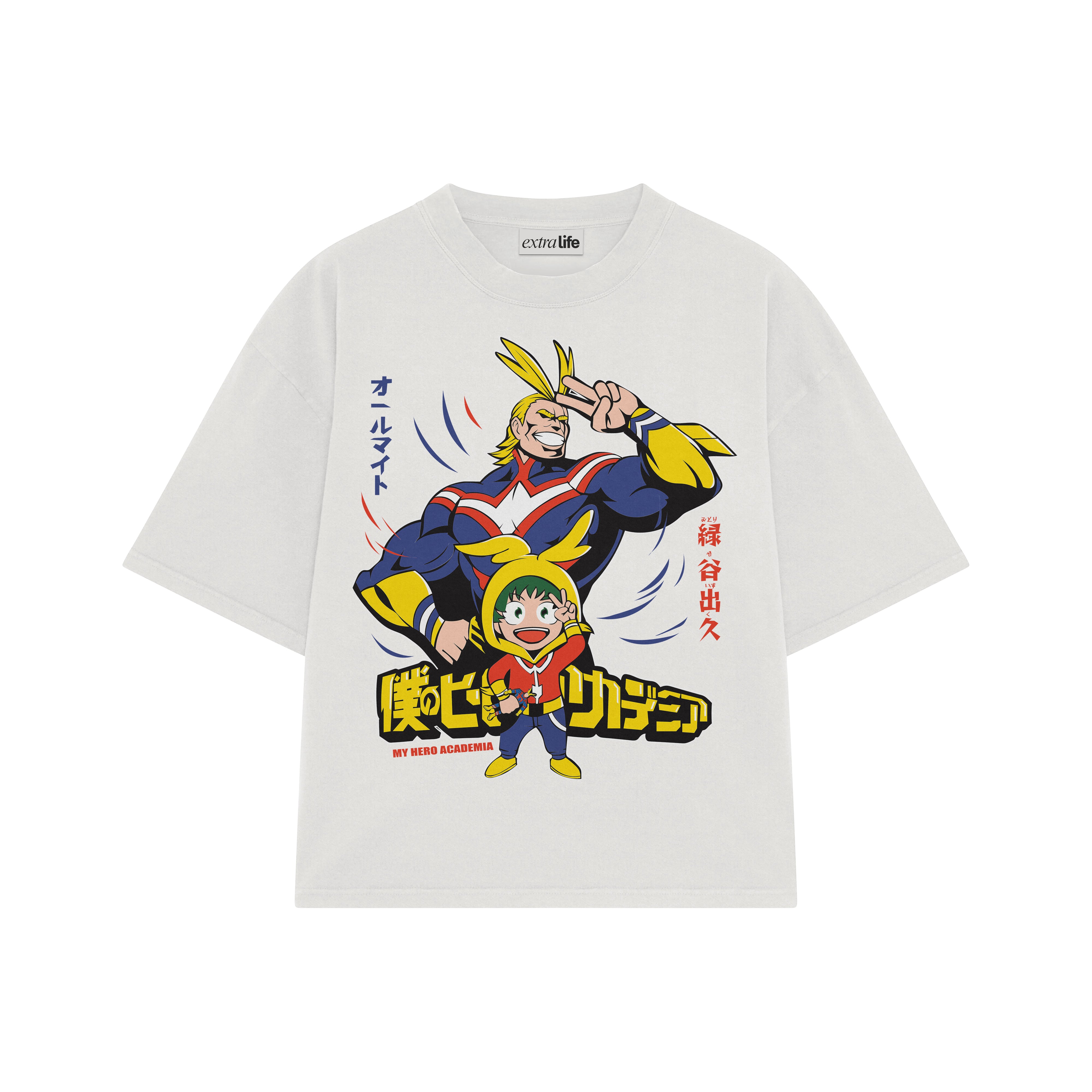 Playera streetwear premium de anime y gaming ExtraLife MX, corte boxy oversized drop shoulder heavyweight en color Deep Black y Off-White, moda urbana mexicana de culto.
