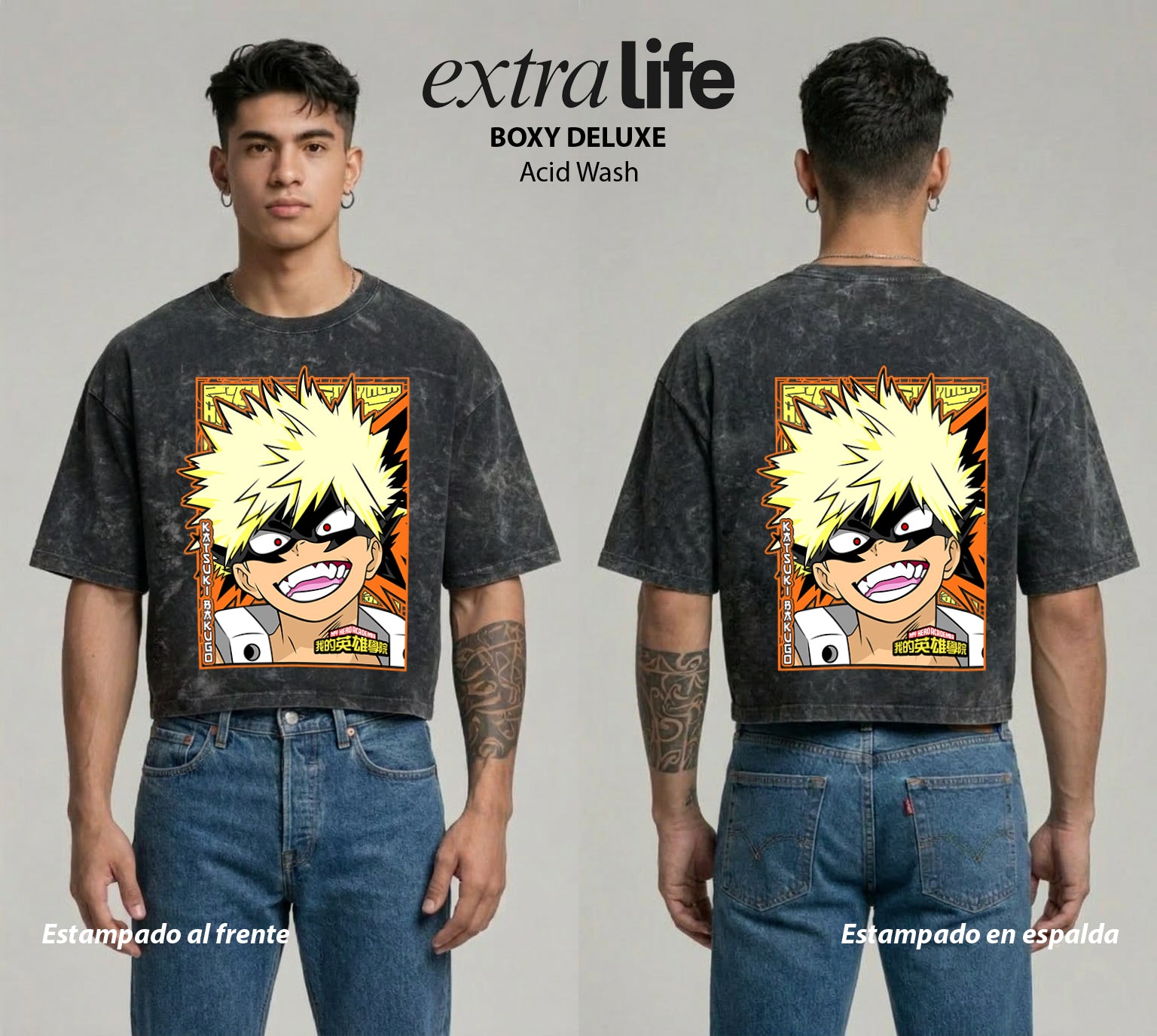 Playera streetwear premium de anime y gaming ExtraLife MX, corte boxy deluxe mineral wash heavyweight en color Acid Wash, moda urbana mexicana de culto.