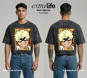 Playera streetwear premium de anime y gaming ExtraLife MX, corte boxy deluxe mineral wash heavyweight en color Acid Wash, moda urbana mexicana de culto.