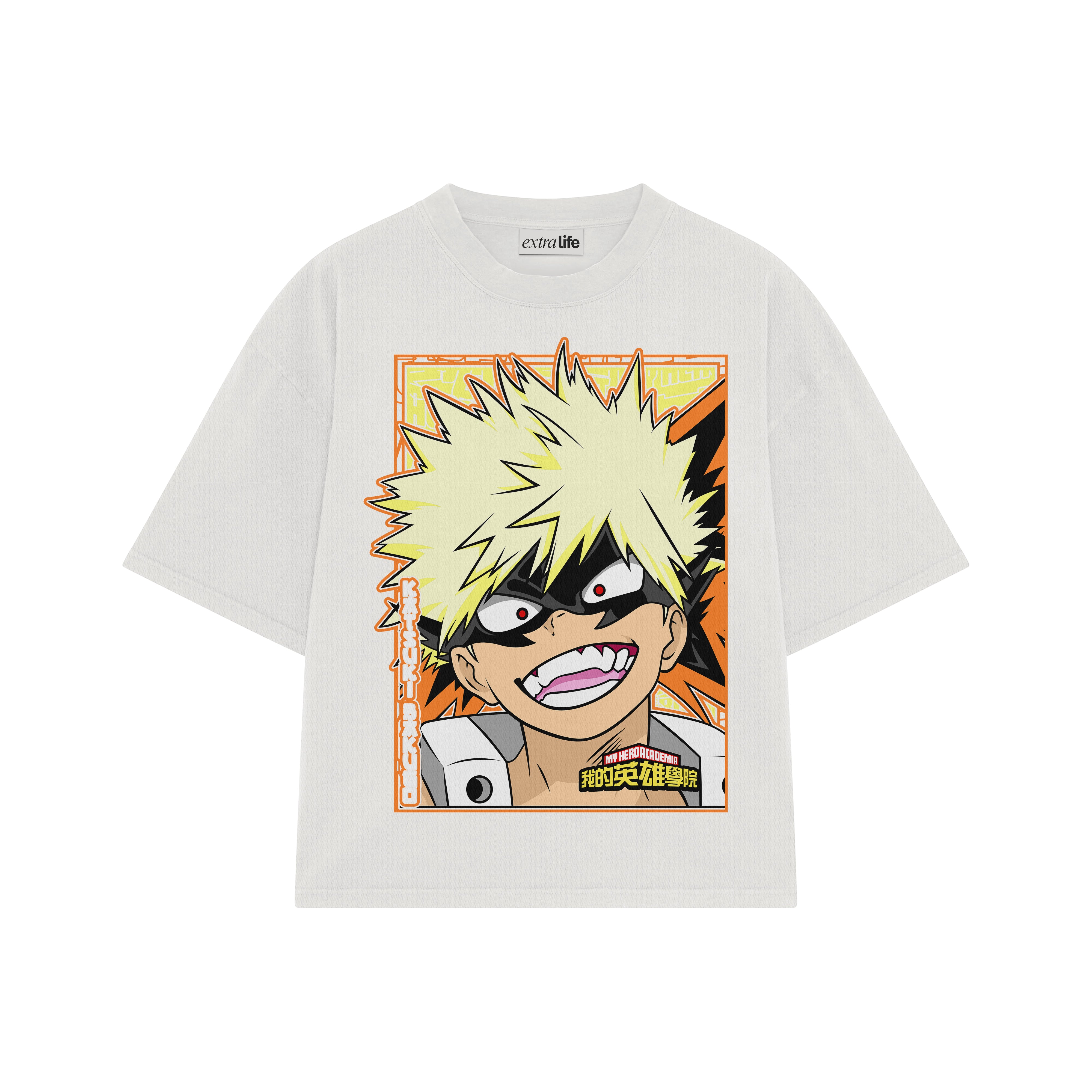 Playera streetwear premium de anime y gaming ExtraLife MX, corte boxy oversized drop shoulder heavyweight en color Deep Black y Off-White, moda urbana mexicana de culto.