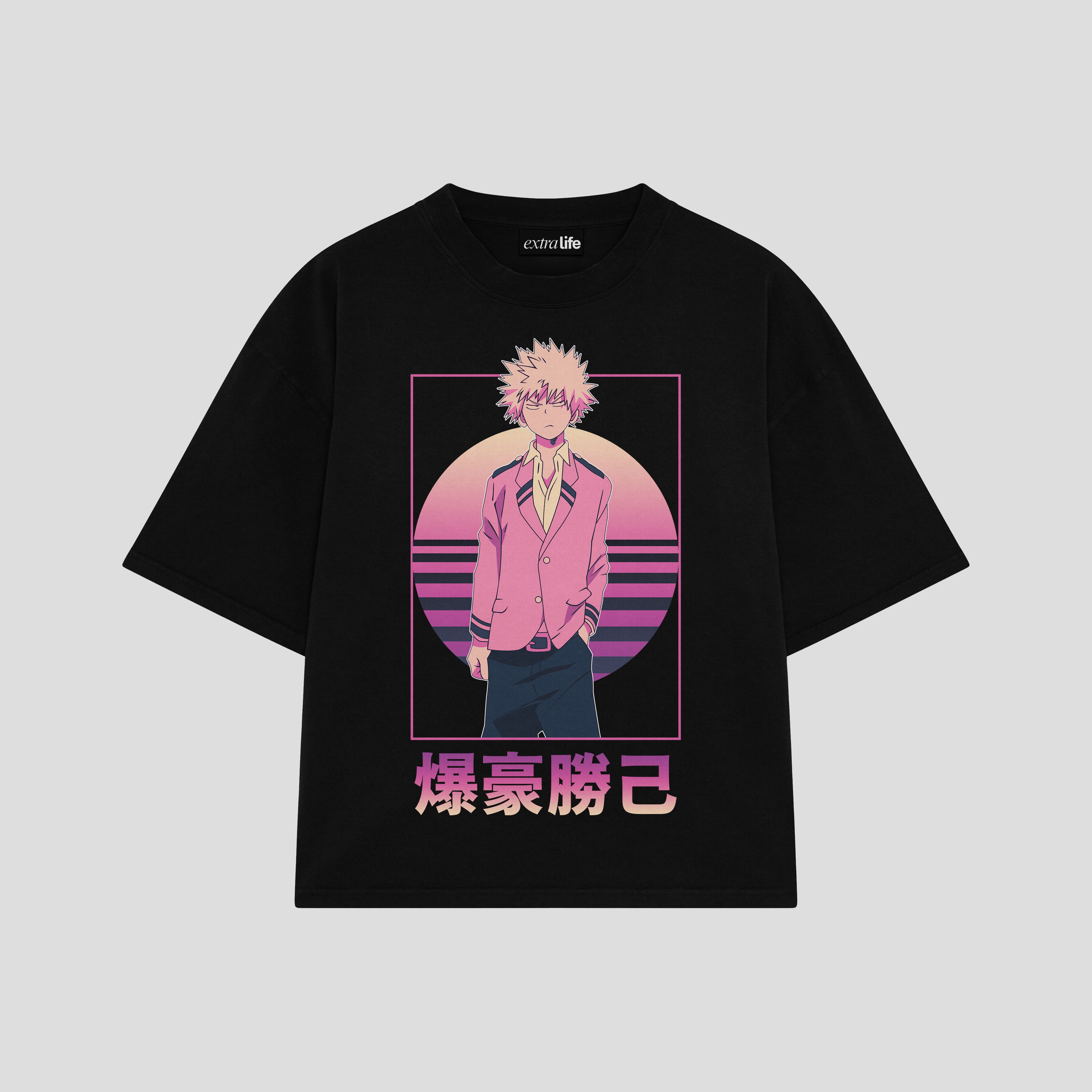 Playera streetwear premium de anime y gaming ExtraLife MX, corte boxy oversized drop shoulder heavyweight en color Deep Black y Off-White, moda urbana mexicana de culto.