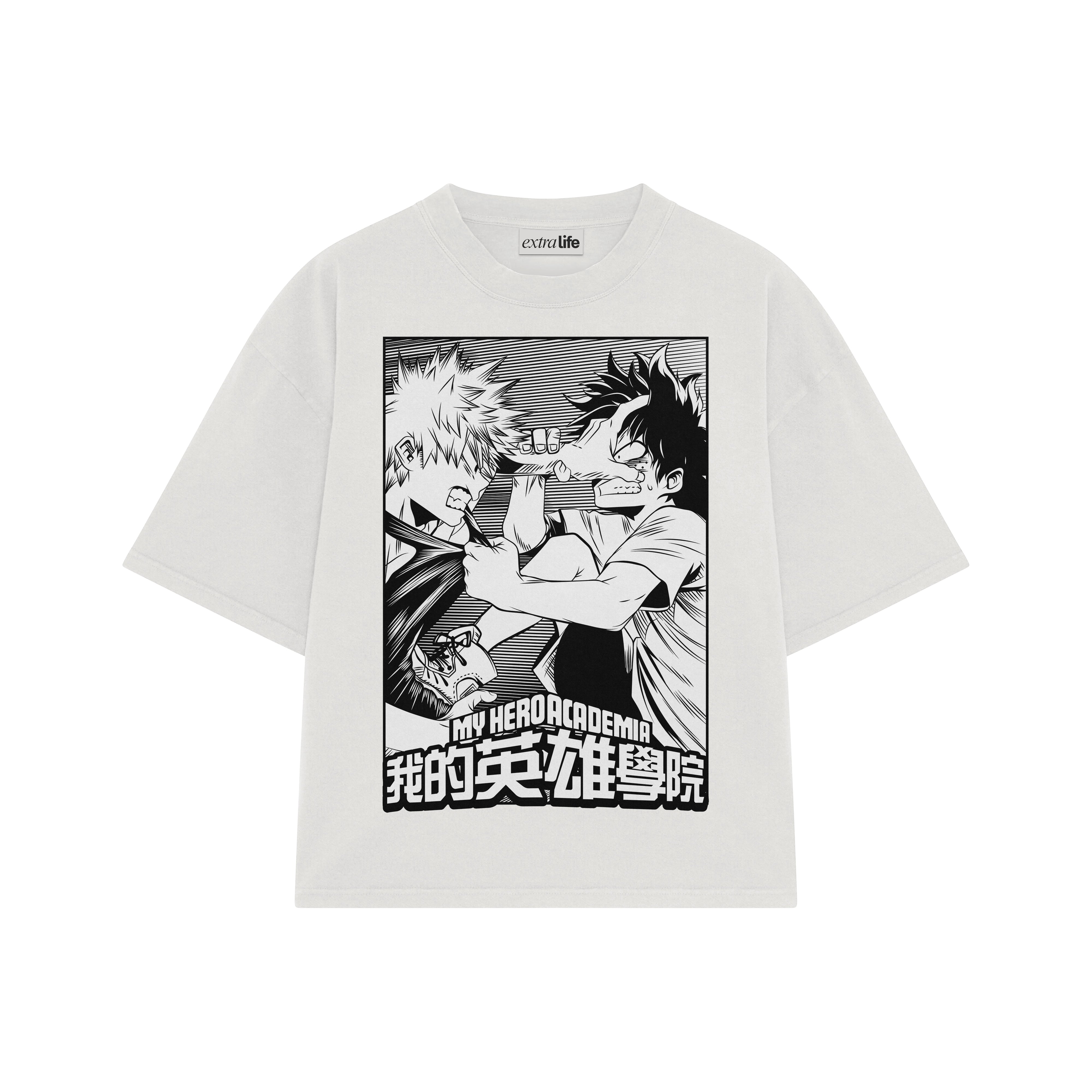 Playera streetwear premium de anime y gaming ExtraLife MX, corte boxy oversized drop shoulder heavyweight en color Deep Black y Off-White, moda urbana mexicana de culto.