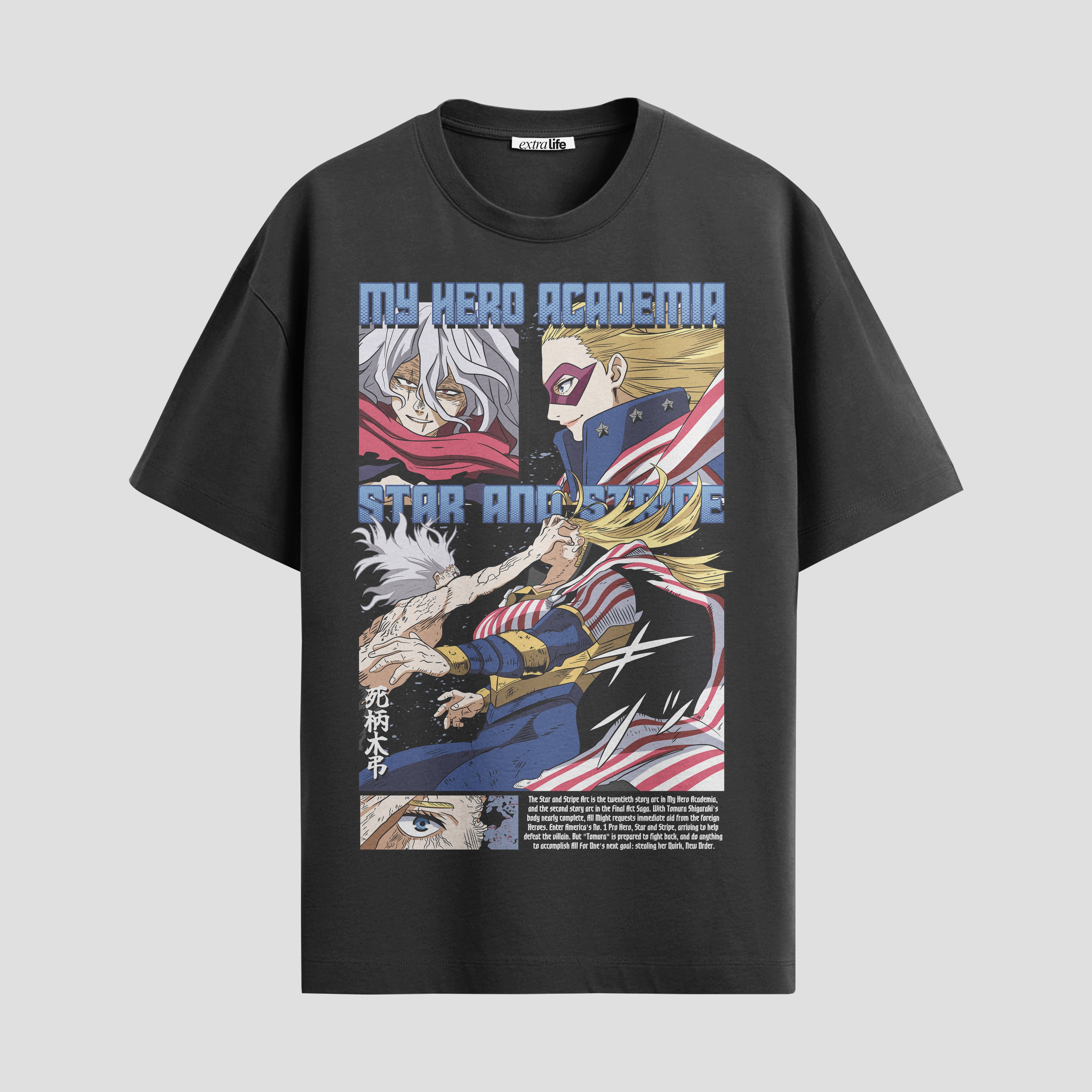 Playera urbana de anime y gaming ExtraLife MX, corte Standard Fit unisex ligero y transpirable en color Deep Black y Pure White, ropa de uso diario para gym y casual.