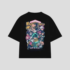 Playera streetwear premium de anime y gaming ExtraLife MX, corte boxy oversized drop shoulder heavyweight en color Deep Black y Off-White, moda urbana mexicana de culto.
