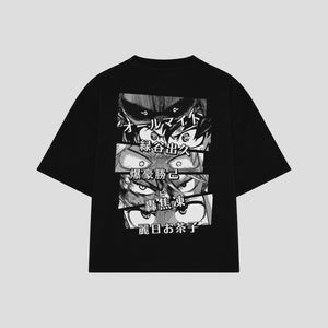 Playera streetwear premium de anime y gaming ExtraLife MX, corte boxy oversized drop shoulder heavyweight en color Deep Black y Off-White, moda urbana mexicana de culto.