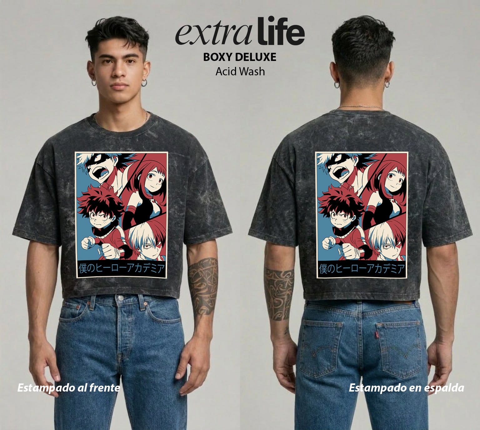 Playera streetwear premium de anime y gaming ExtraLife MX, corte boxy deluxe mineral wash heavyweight en color Acid Wash, moda urbana mexicana de culto.