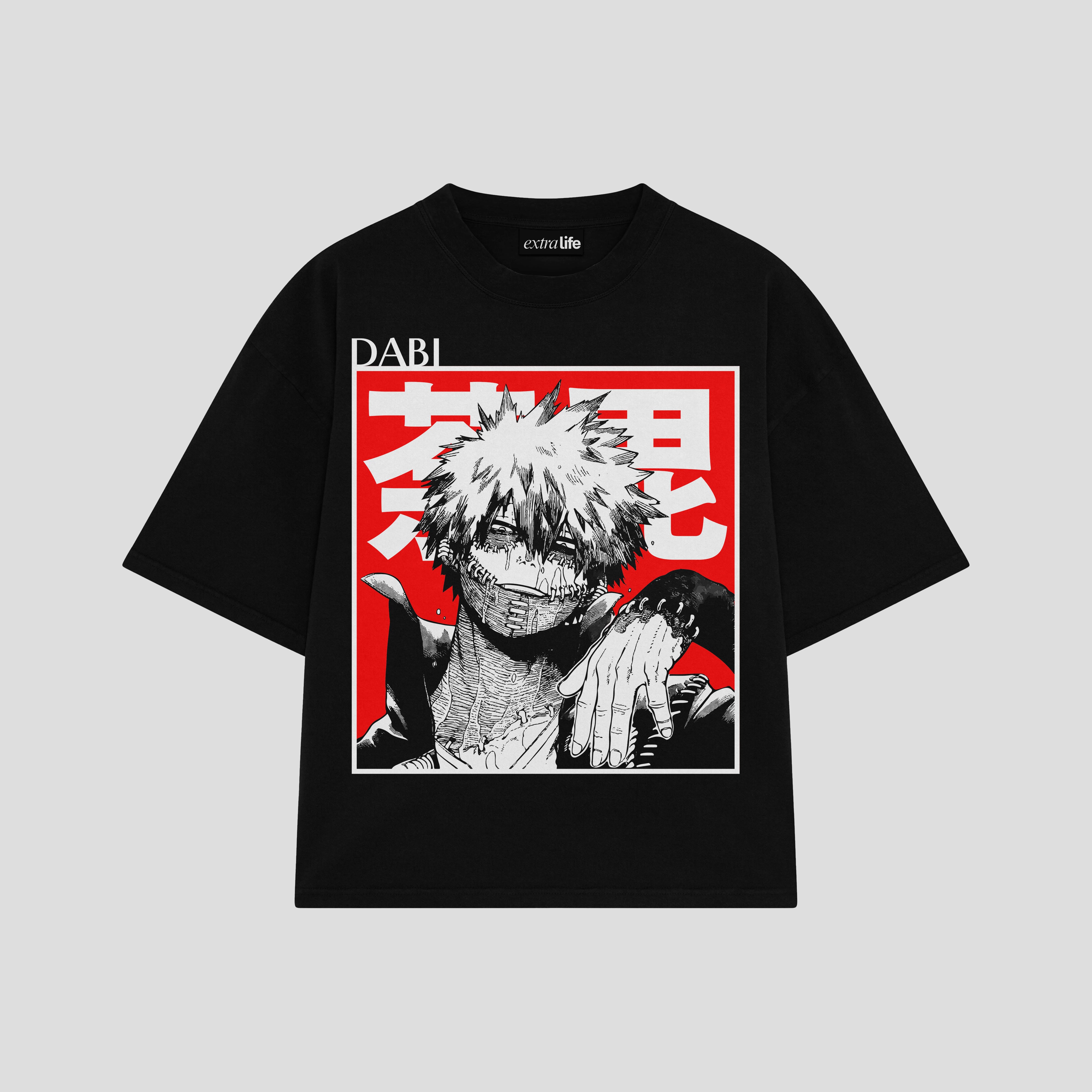 Playera streetwear premium de anime y gaming ExtraLife MX, corte boxy oversized drop shoulder heavyweight en color Deep Black y Off-White, moda urbana mexicana de culto.