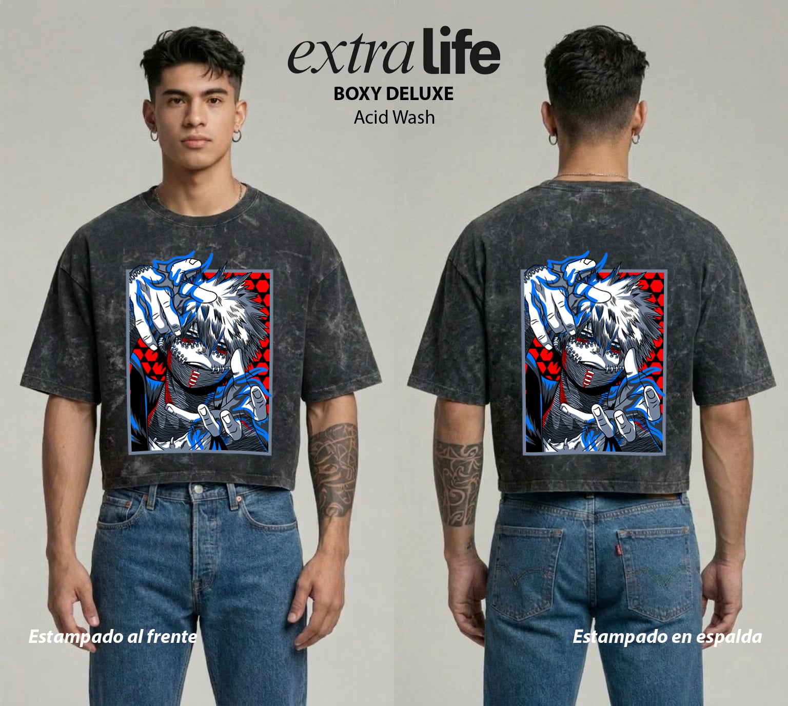 Playera streetwear premium de anime y gaming ExtraLife MX, corte boxy deluxe mineral wash heavyweight en color Acid Wash, moda urbana mexicana de culto.
